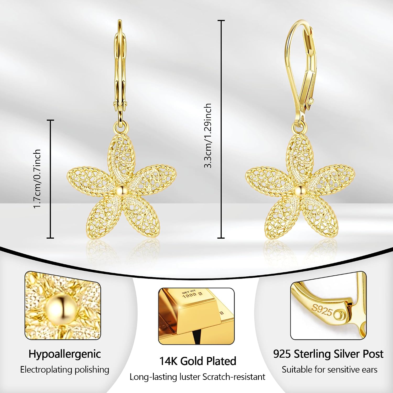 ALEXCRAFT Filigree Flower Earrings for Women Lightweight Hypoallergenic Silver Leverback Earrings Dangle 14K Gold Plated Floral Earrings