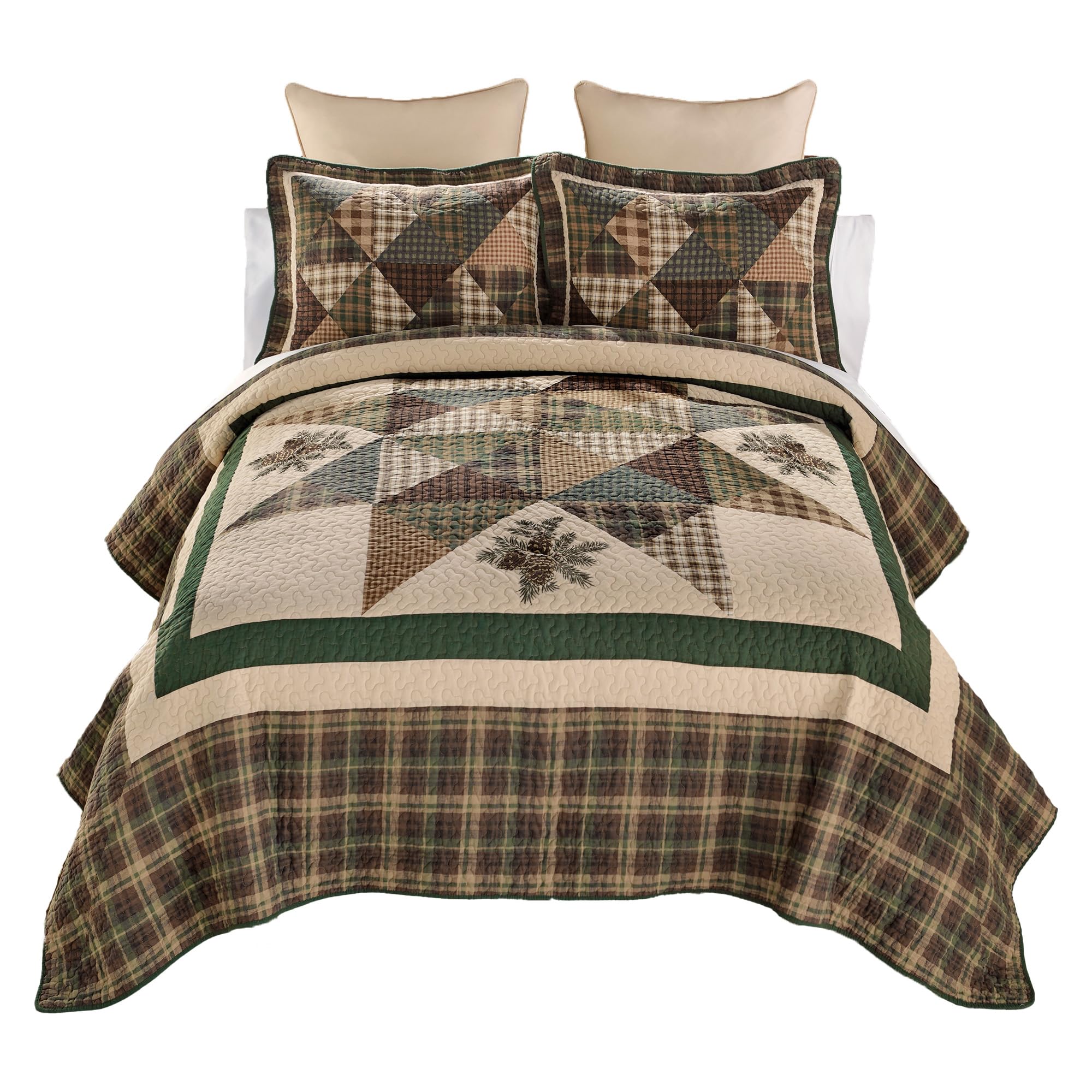 Donna Sharp Pine Star Pieced Embroidered Cotton Quilted Bedding Set - 3-Piece King Size Quilt Set - Includes 1 Quilt and 2 Pillow Shams - Machine Washable - Perfect for Rustic Decor