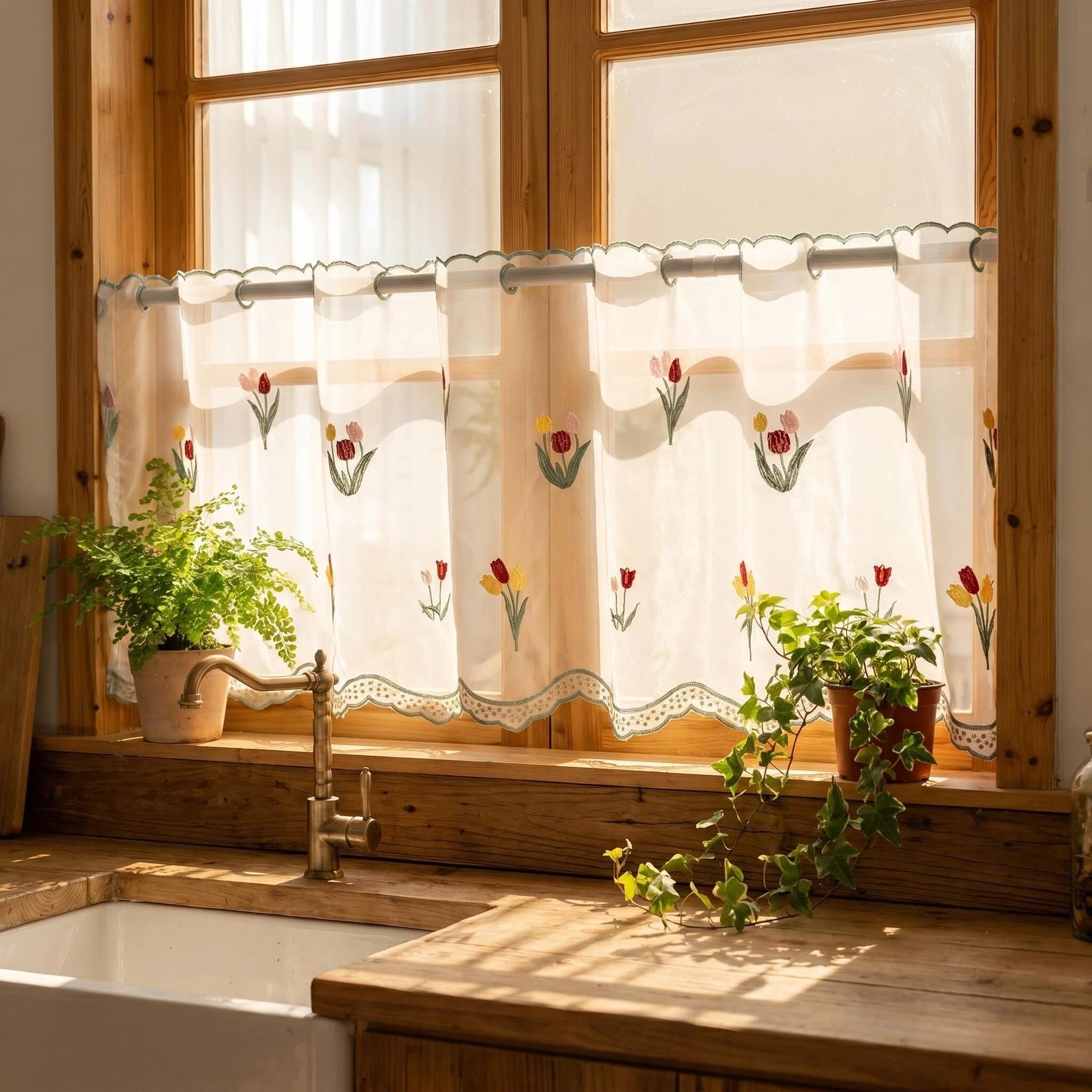 Embroidered Cafe Curtain for Kitchen French Floral Window Curtain Sheer Voile Panel Short Curtains Light Filtering Privacy Tier Curtains for Bathroom, Balcony, Bedroom (150x50cm, 1 Piece) (Pink) — image 1