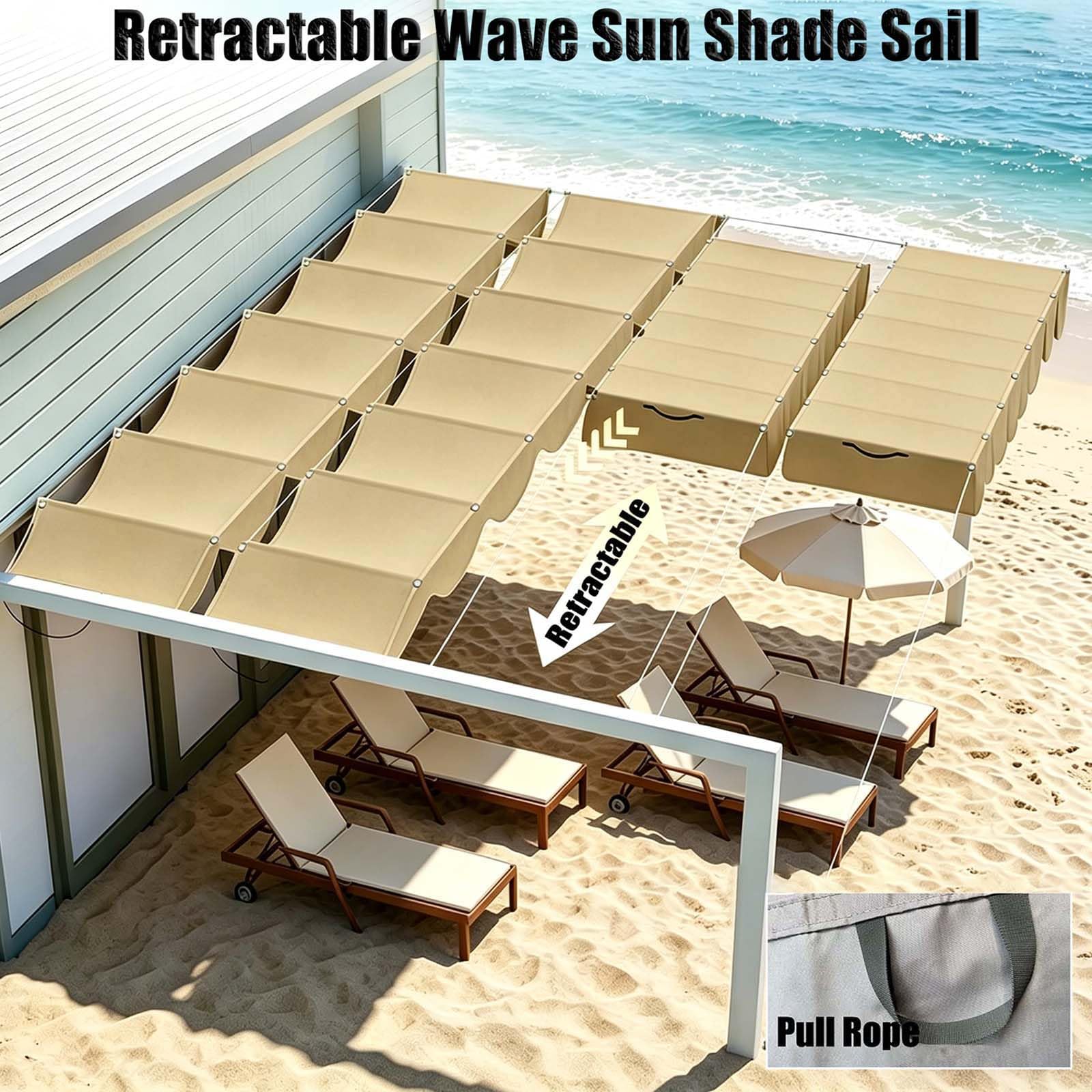 Vela Parasole Ondulata Retrattile 100 x 800 cm Protezione Solare Schermo UV con Funi di Tensione Tenda da Sole per Esterno Vela Parasole per Piscinae Terrazza, Giallo sabbia