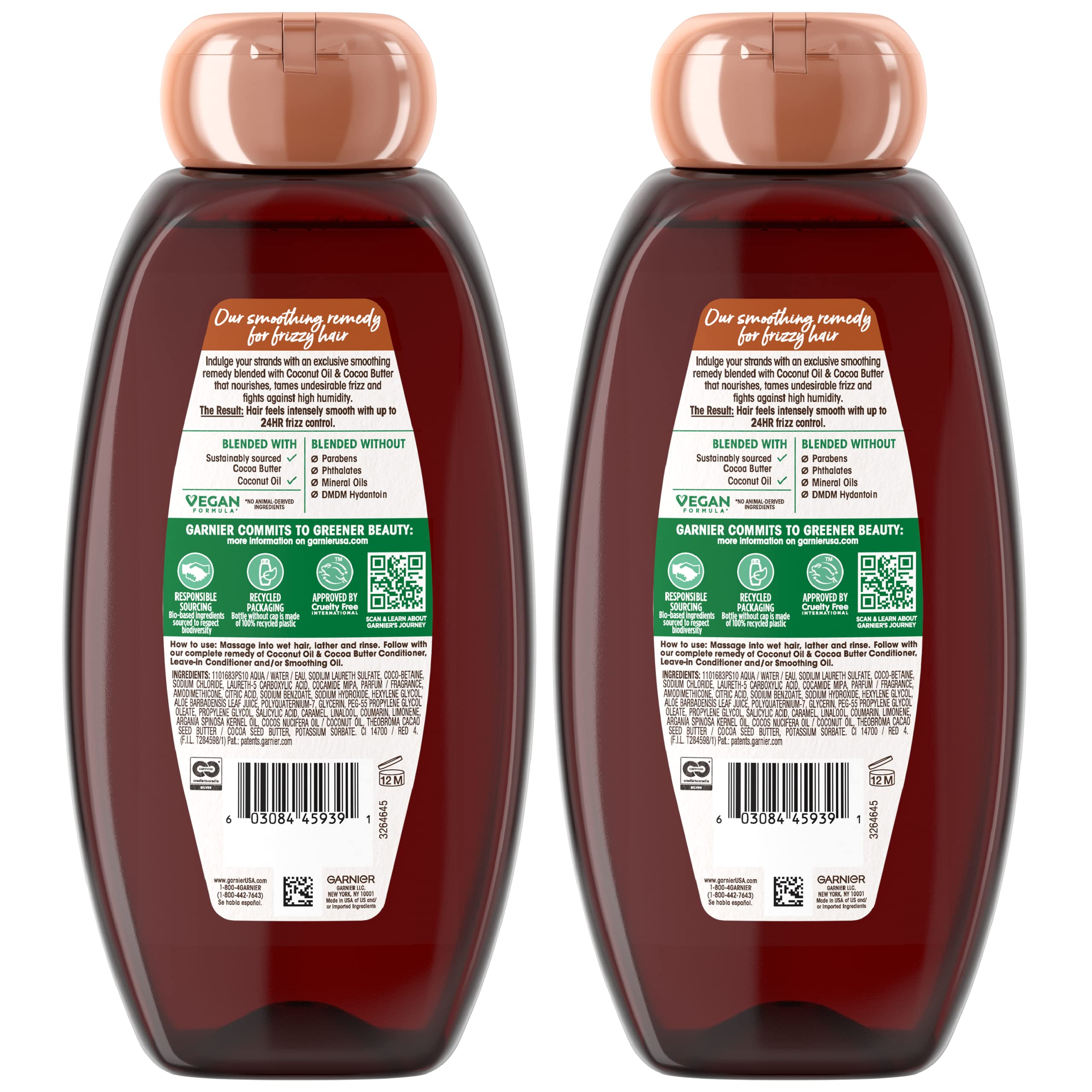 Garnier Whole Blends Smoothing Shampoo Coconut Oil & Cocoa Butter, 22 fl oz, 2 Count