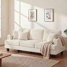 Homall 83" Modern Couch with Side Storage Pockets and Cup Holders, 3 Seater Couch with Deep Seat & Throw Pillows, Corduroy Small Couches for Living Room, Appartment & Office Beige
