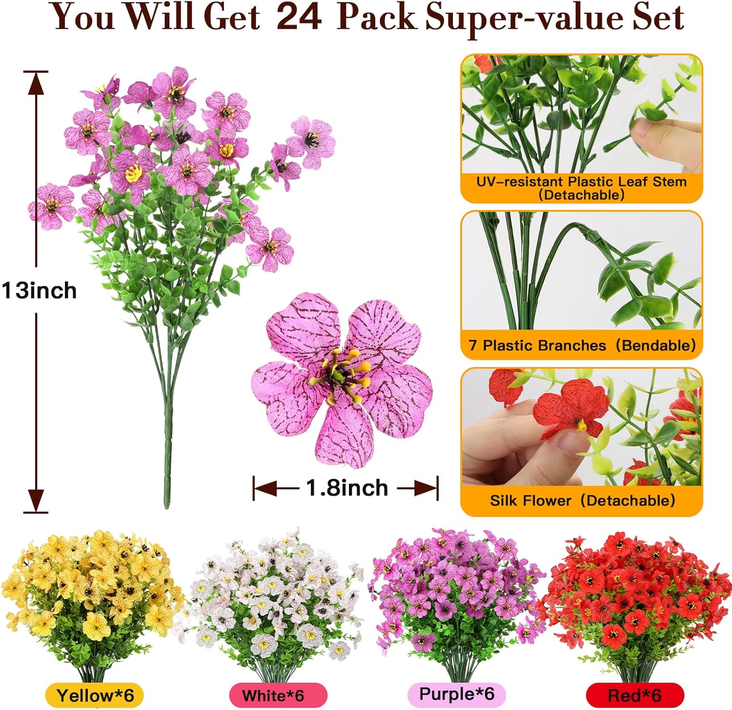 MERIXMAS 24 Bundles Artificial Flowers for Outdoors Decorations, Fake Flowers Artificial Plants Outdoor, Colorful Daisy Eucalyptus Realistic UV Resistant for Garden Patio Porch Home Decor