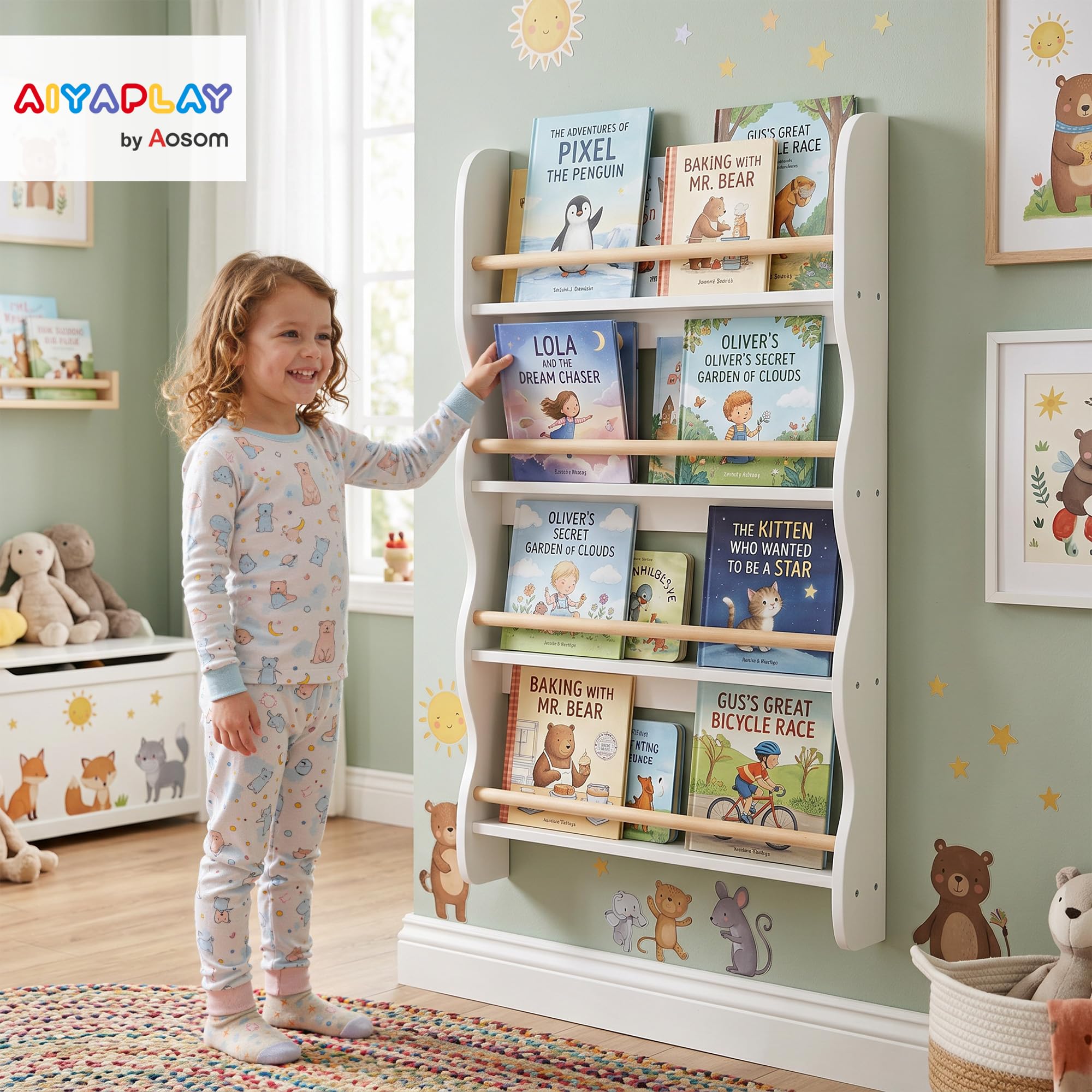 AIYAPLAY Bibliothèque Murale pour Enfant,Rangement Livre 4 Niveaux, Blanc