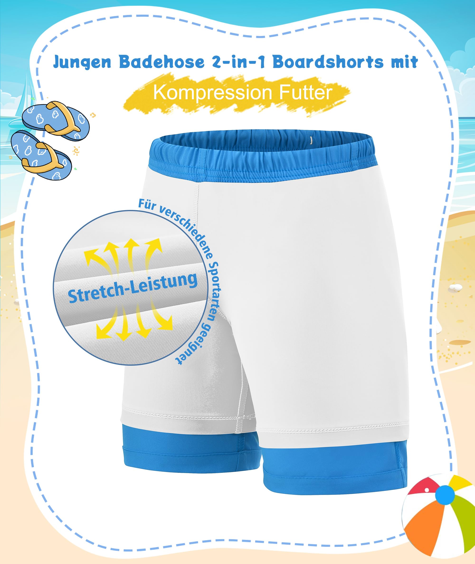 Zoofly Maillot de Bain Short pour Garçons avec sous-Short Compressif, Séchage Rapide, Respirant, Taille Élastique et Poches - 4 à 16 Ans