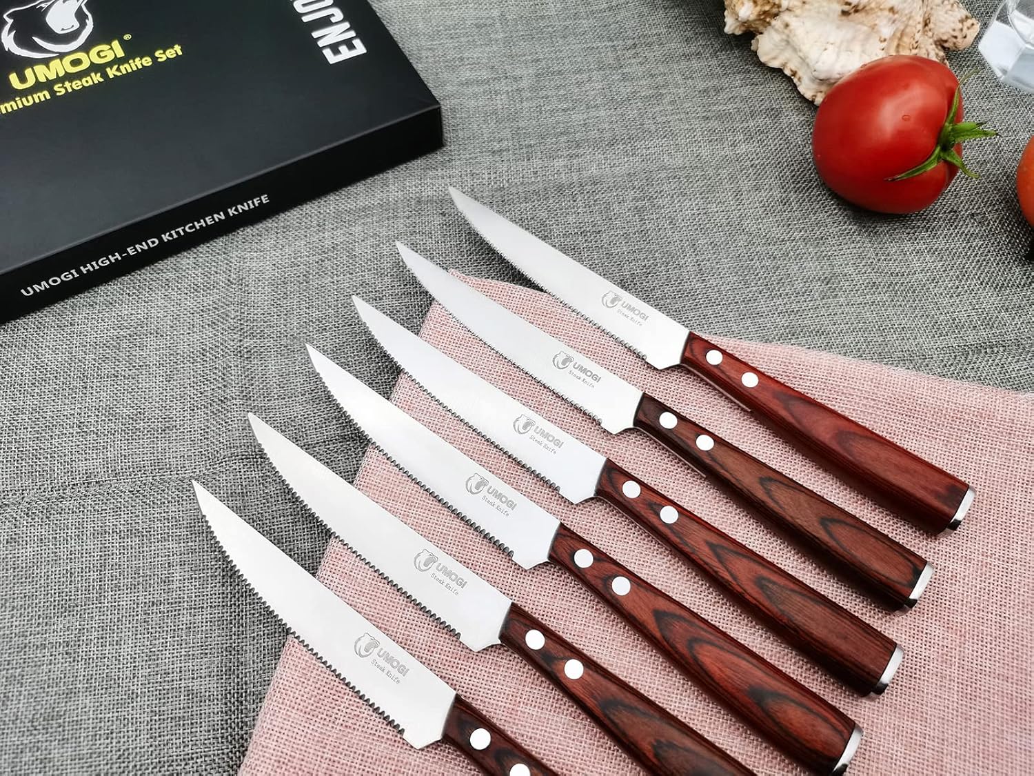 UMOGI Premium Steak Knives Set of 6 in Gift Box - Polished Wood Handle, HC German Stainless Steel, Straight Edge Non Serrated - 4.8''Dinner Knife, Kitchen Tableware Knives Cutlery Set