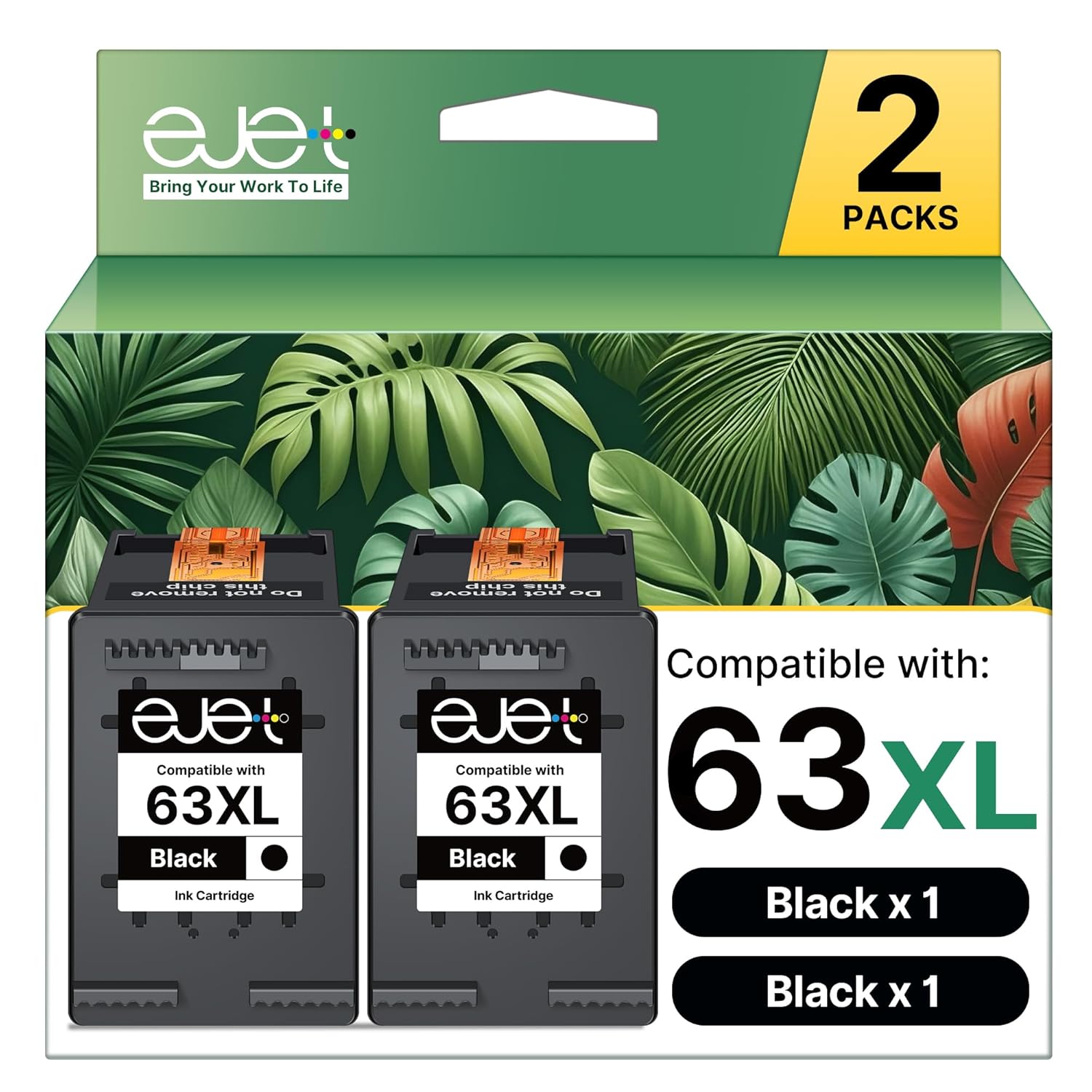 ejet 63XL Black Ink Cartridge Replacement for HP Ink 63 for HP 63 Black Ink Cartridge Work with Officejet 3830 4650 4652 4655 5200 5252 5255 5258 Envy 4520 4512 1112 2132 3630...