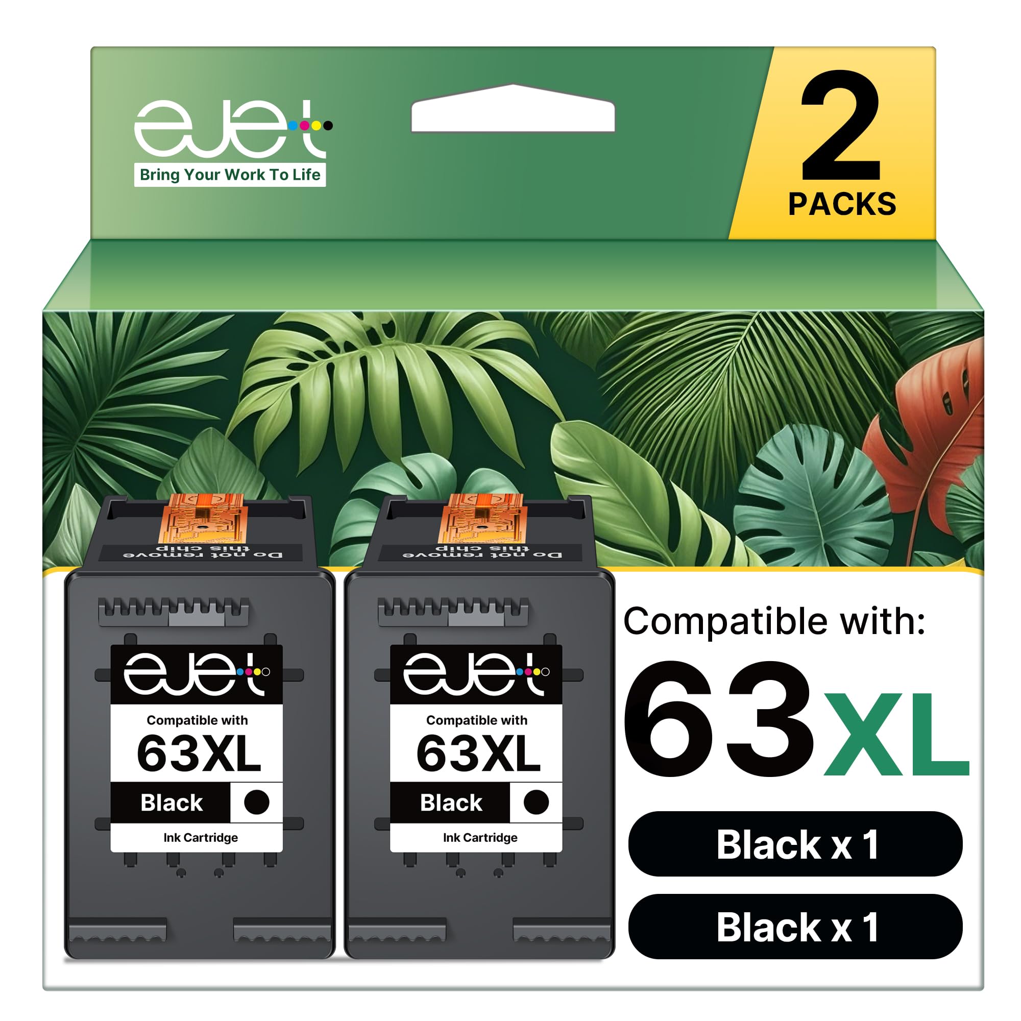 ejet 63XL Black Ink Cartridge Replacement for HP Ink 63 for HP 63 Black Ink Cartridge Work with Officejet 3830 4650 4652 4655 5200 5252 5255 5258 Envy 4520 4512 1112 2132 3630 3632 Printers (2 Pack)