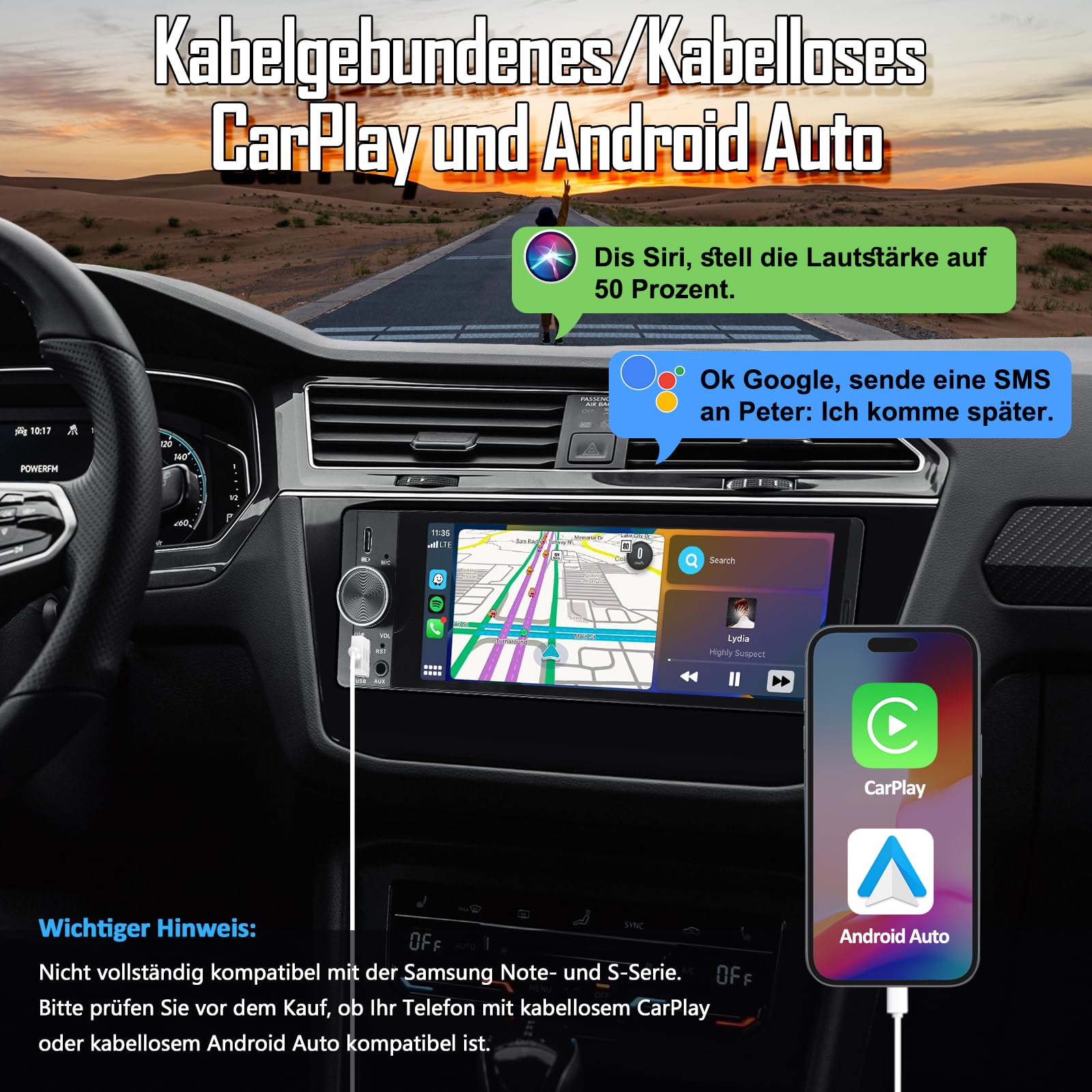 1 DIN Autoradio mit Wireless CarPlay & Android Auto, Auto Radio mit Bildschirm, GPS Navigation, FM, Bluetooth, Freisprecheinrichtung, Lenkradsteuerung, EQ, MirrorLink, AUX