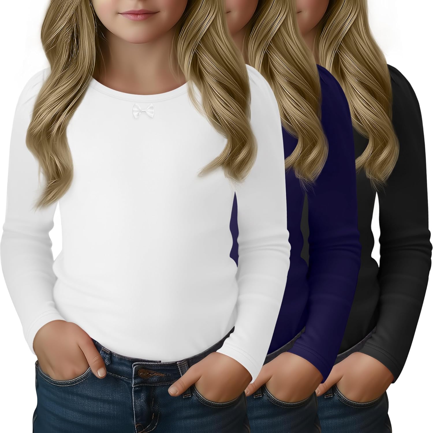 3 Pack Girls Long Sleeve T-Shirts Kids Basic Crew Neck with Bow Soft Layering Tops for Teen Girls, 5-14 Years