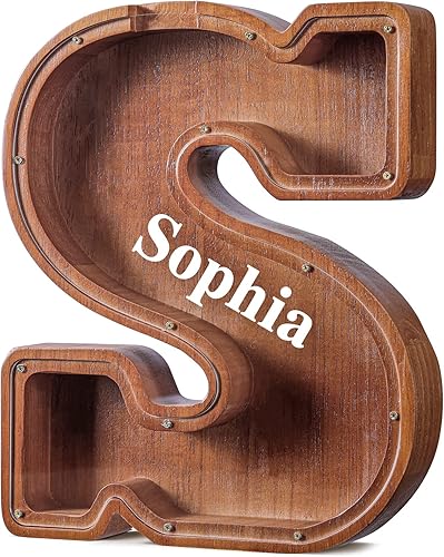 Miniatura 380 de SummiDate Alcancía de madera con nombre, niños y niñas, tamaño grande, letras alfabeto A-Z, monedas y billetes, inicial en cubierta transparente