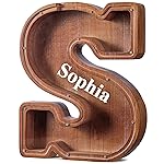 Summidate Customized Name Extra Large Wooden Piggy Bank for Kids Boys Girls Letter A-Z Coins Bills Money Change Bank Box Initial on Clear Cover (Laser Engraved) Educational Toys 12- Letter S