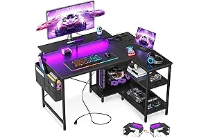 ODK 40 Inch L-Shaped Gaming Desk: Power Outlets, LED Lights, Storage Shelves