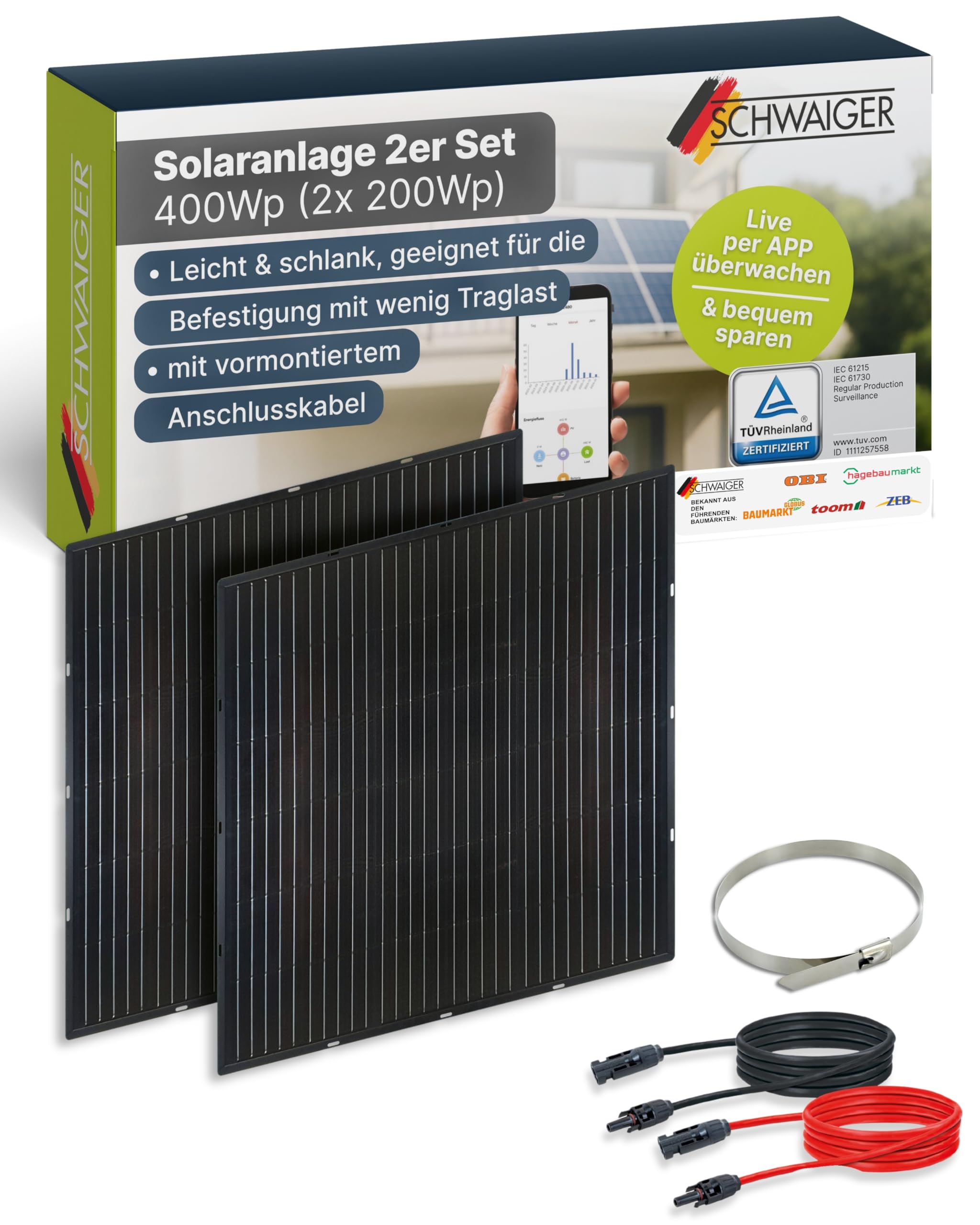Schwaiger Balkonkraftwerk Slim-Line 2er Set – 400 Wp Glas-Solarmodule