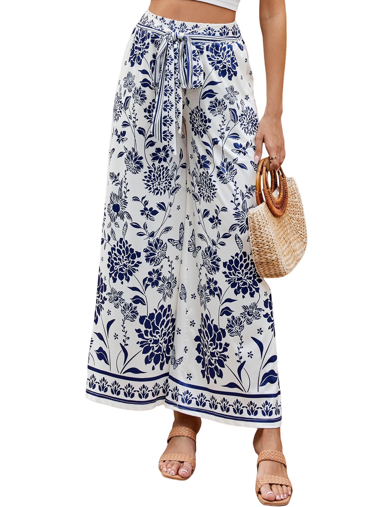 ZAFUL Womens Casual Wide Leg Elastic Band Tied Pants High Waisted Printed Palazzo Pants 2025