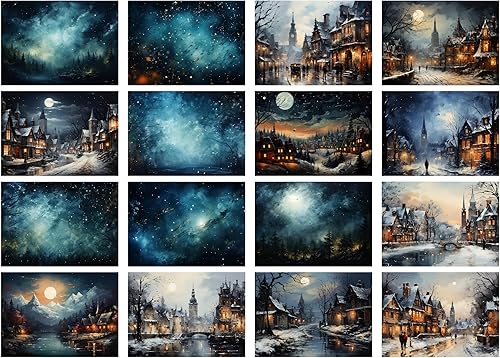 Miniatura 2 de Decoupage - Paquete de papel (35 hojas de 6 x 8 pulgadas), aldeas victorianas frías de invierno y cielos nocturnos increíbles, Navidad, FLONZ,