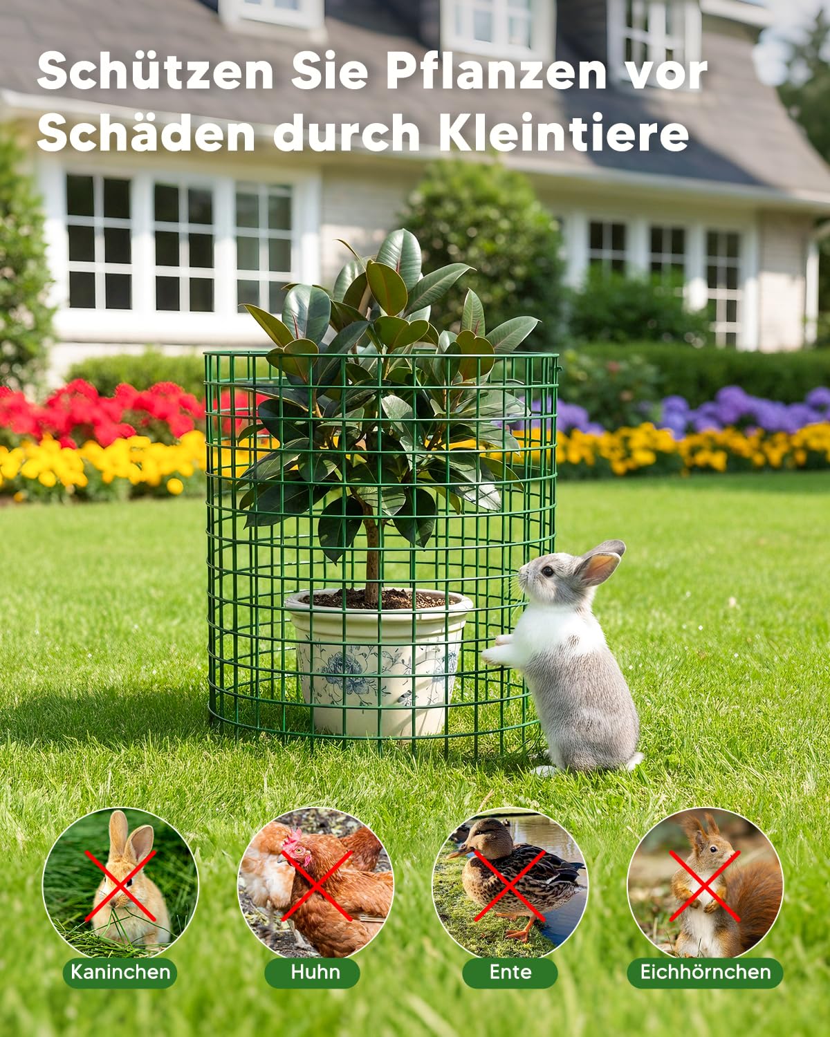 10er Set Pflanzen Schutzgitter, 33cm Hohes Grünes Metall Pflanzenschutzkäfig mit Handschuhen, Kabelbinder & Erdpfählen, Wiederverwendbarer Pflanzenschutz, Schutz vor Kaninchen & Kleintiere