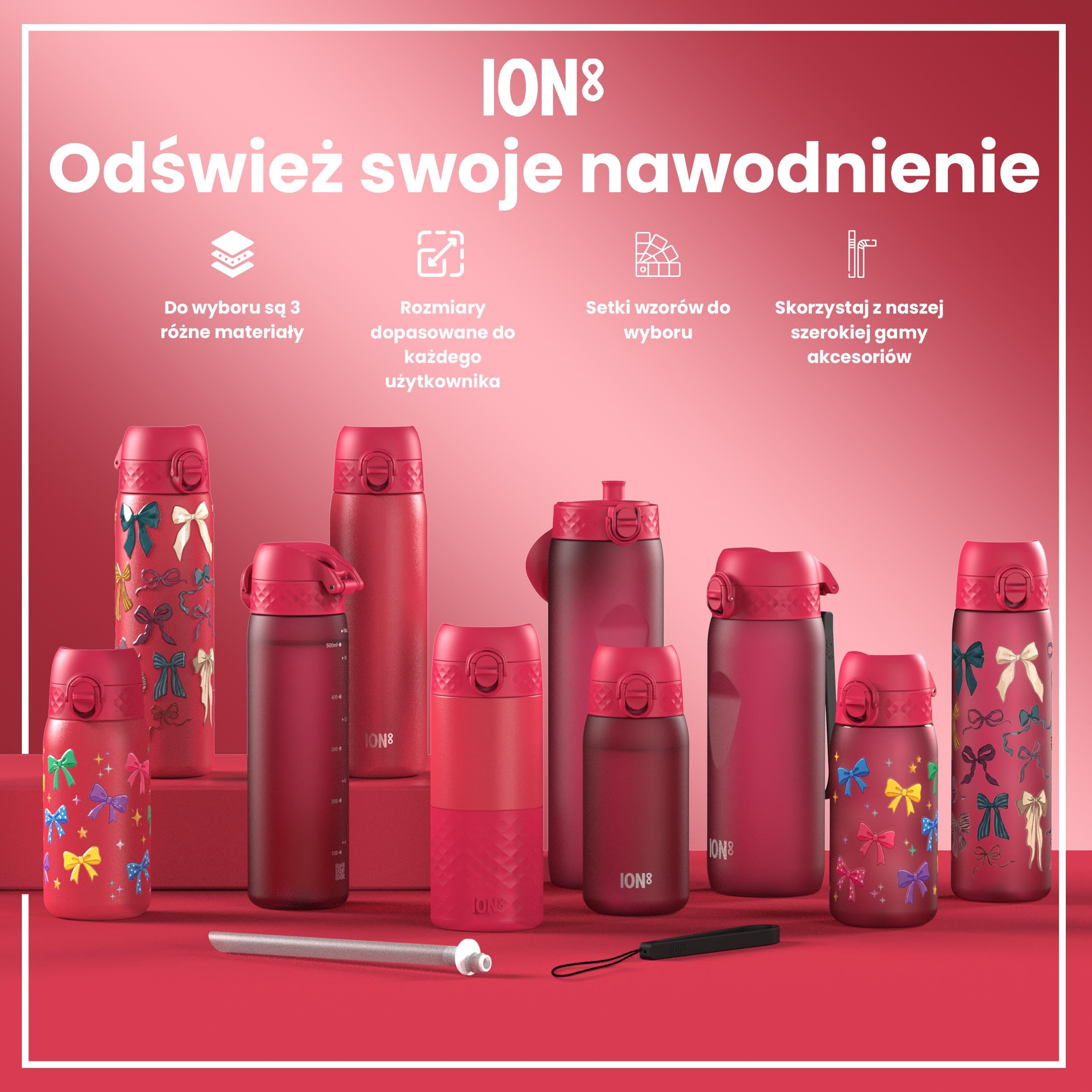 ION8 Butelka na Wodę, 500 ml/18 oz, Szczelna, Łatwe Otwieranie, Bezpieczny Zamek, Można Myć w Zmywarce, Bez BPA, Higieniczne Pokrycie, Uchwyt do Przenoszenia, Łatwa Czyszczenie, Kokardy