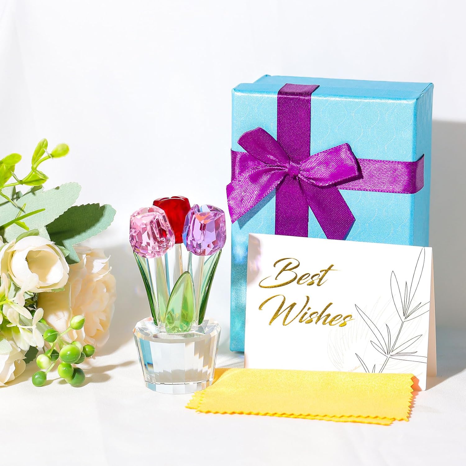 Movdyka Tulips Glass Flowers Figurines Crystal Decor Collectibles Colorful Flowers Bouquet Ornaments Tulip for Mom Women on Anniversary Wedding Christmas Valentines - Image 5