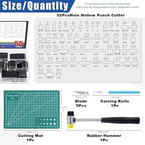 Miniatura 2 de Glarks Kit de herramientas de cortador de perforador hueco de 55 piezas, incluye 52 formas de un agujero, cuchillo de trinchar con 5 cuchillas, un