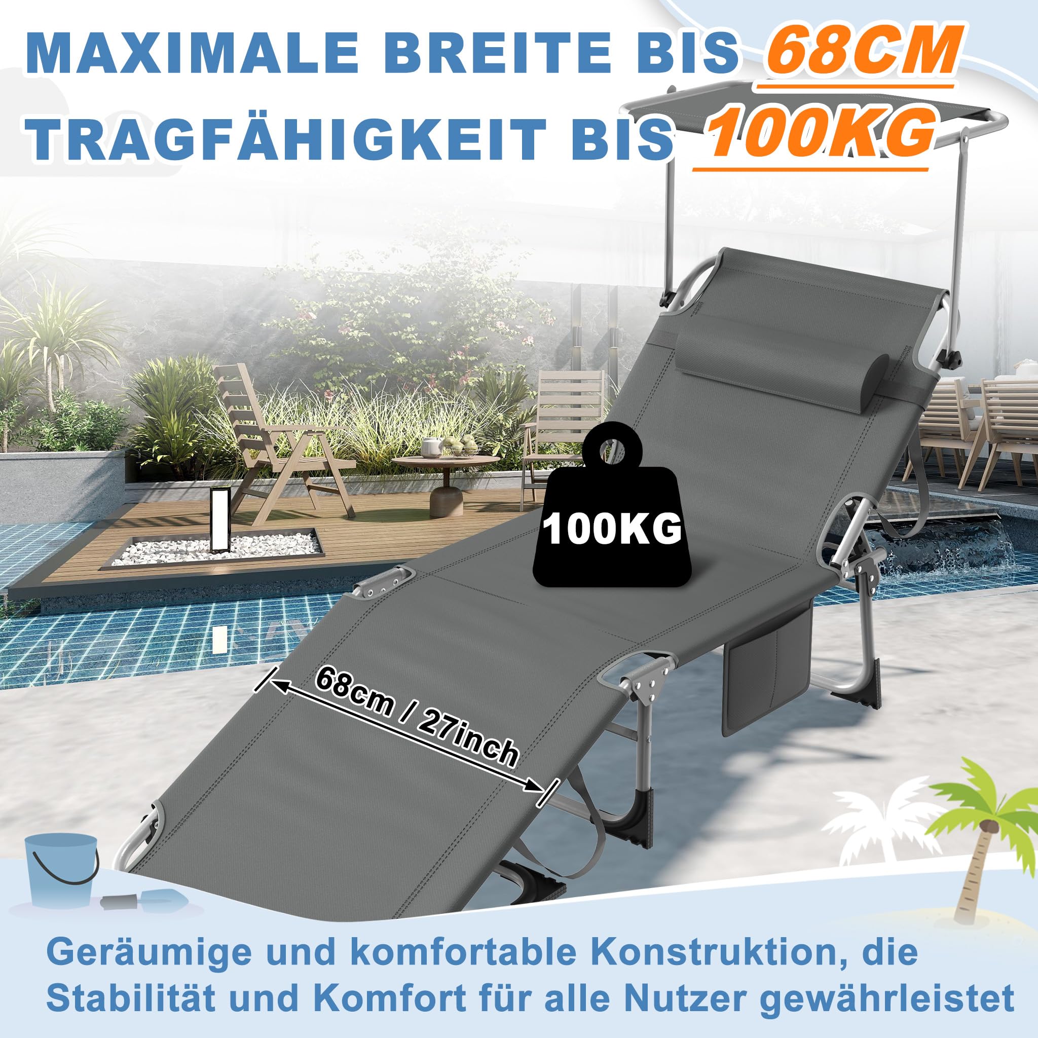 Froadp Sonnenliege Klappbar mit Dach Gartenliege Liegestuhl mit Verstellbarer Rückenlehne Kopfkissen Seitentasche Strandliege für Garten Balkon Strand Terrasse (1 Stück, Anthrazit)