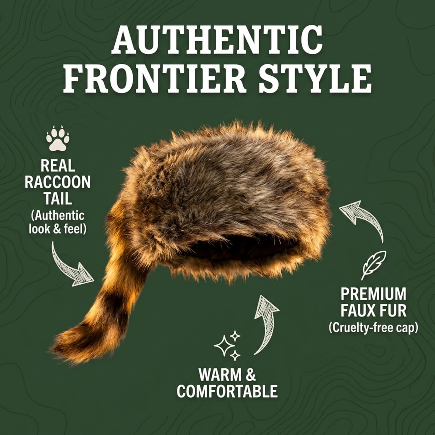 Artisan Owl Daniel Boone & Davy Crockett Style Raccoon Hat - Synthetic Cap with Real Raccoon Tail - Image 2