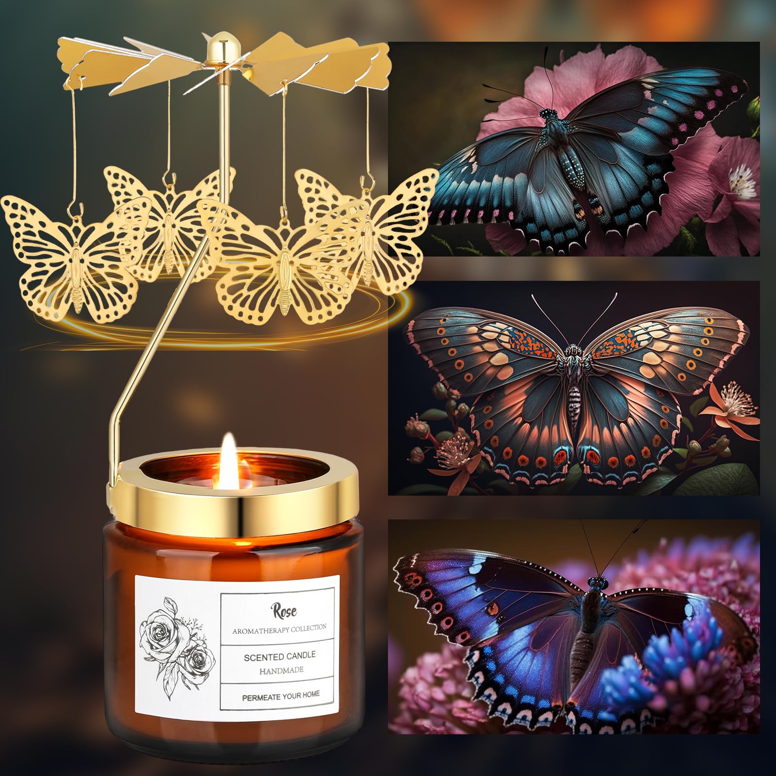 Vela aromática giratoria de rosa, regalos de mariposa para mujeres, mamá, esposa, aniversario, día de San Valentín, Navidad, regalo de cumpleaños único para hermana, novia con caja de regalo