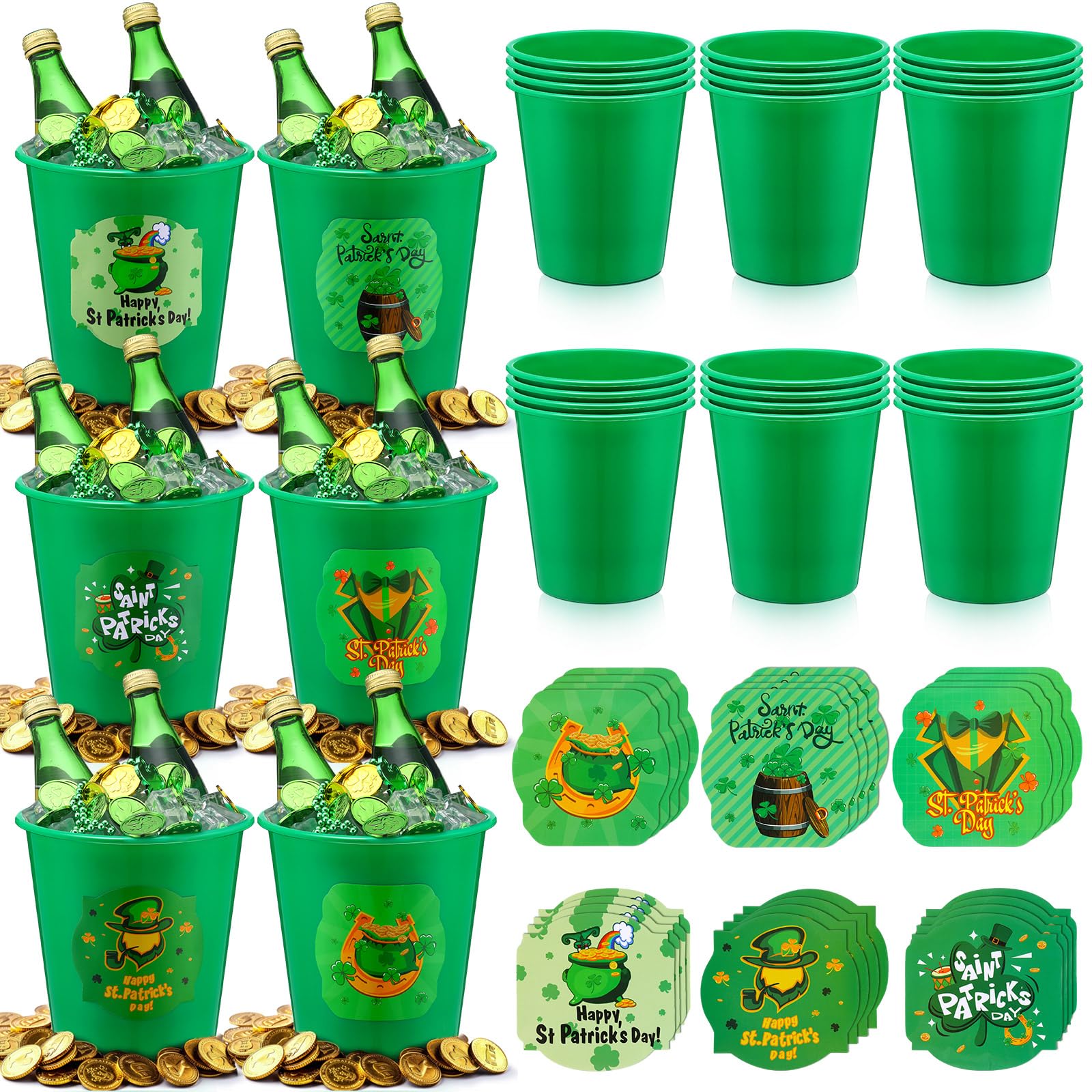 meekoo 24 Pack Plastic Ice Buckets Green Large Ice Buckets 3 Liter and Stickers 3.94 Inches for Party Supplies Decoration Festival