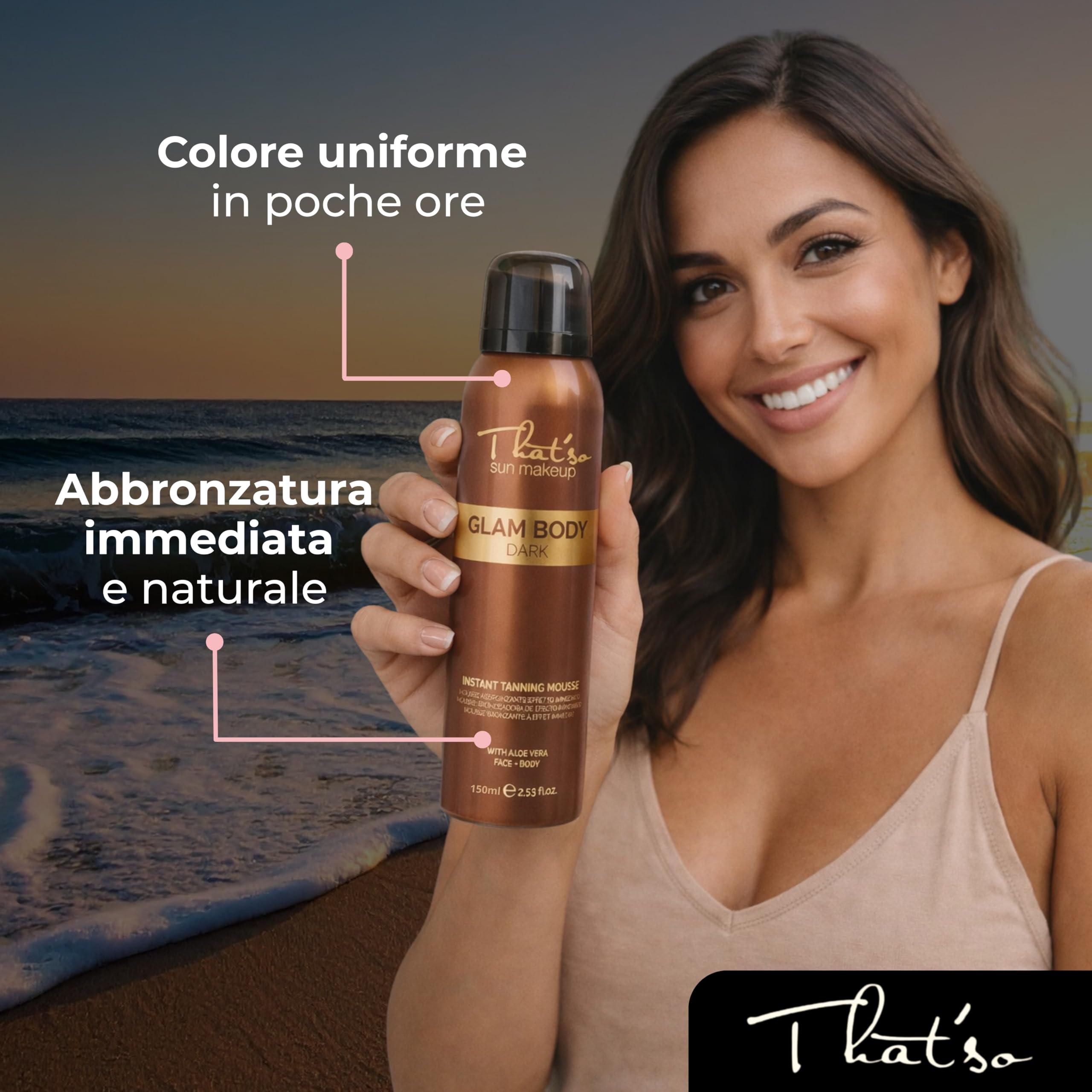 That’so Glam Body Mousse Autoabbronzante Viso e Corpo 150 ml Abbronzante Corpo Istantaneo Abbronzatura Intensa Fino a 4 Giorni Con DHA da Canna da Zucchero, Aloe Vera e Complesso Rassodante