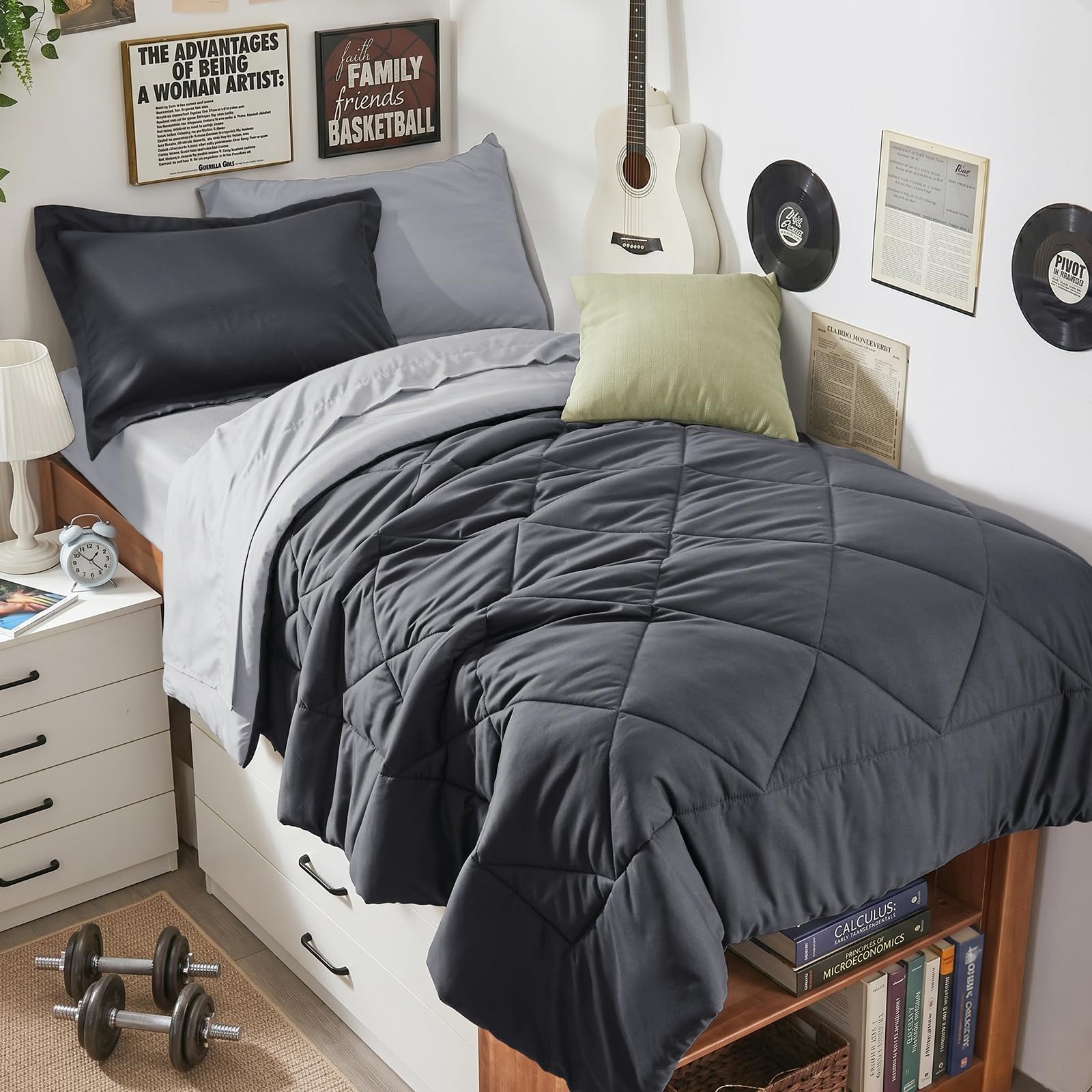 HEVUMYI 5-Piece Twin Comforter Set, Dark &amp; Light Grey Bed in a Bag