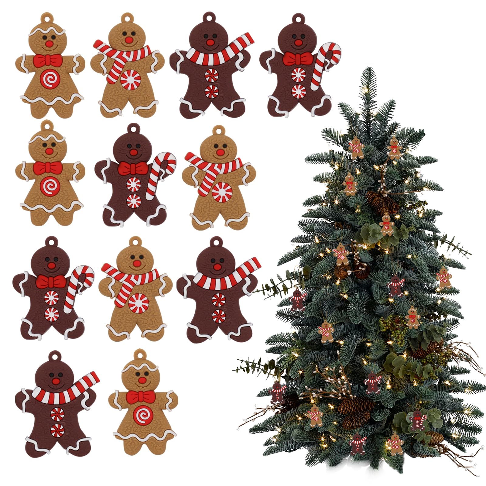 12 adornos para árbol de Navidad de pan de jengibre, encantadoras figuras de pan de jengibre y bastones de caramelo colgantes para decoración festiva de Navidad, perfecto para tu árbol de Navidad