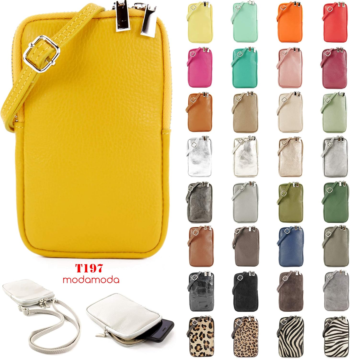 modamoda de T197 Italian Leather Shoulder Bag, Mobile Phone Bag, Small Pastel Purple