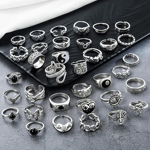 Miniatura 4 de 17IF Vintage Silver Goth Grunge Ring Set for Women Men Girl Chunky Gothic Cool Punk Stackable Adjustable Open Knuckle Finger Rings Bulk Stacking