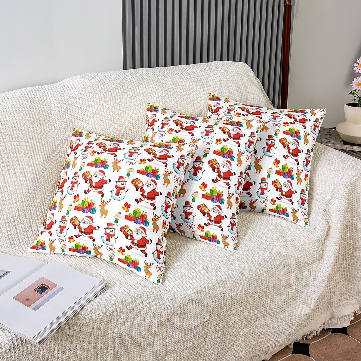 Homemissing Juego de 4 fundas de almohada navideñas de 50 x 50 cm, diseño de muñeco de nieve y ciervo, fundas de almohada decorativas para sofá, cama, silla, coche, Papá Noel, caramelos, fundas de