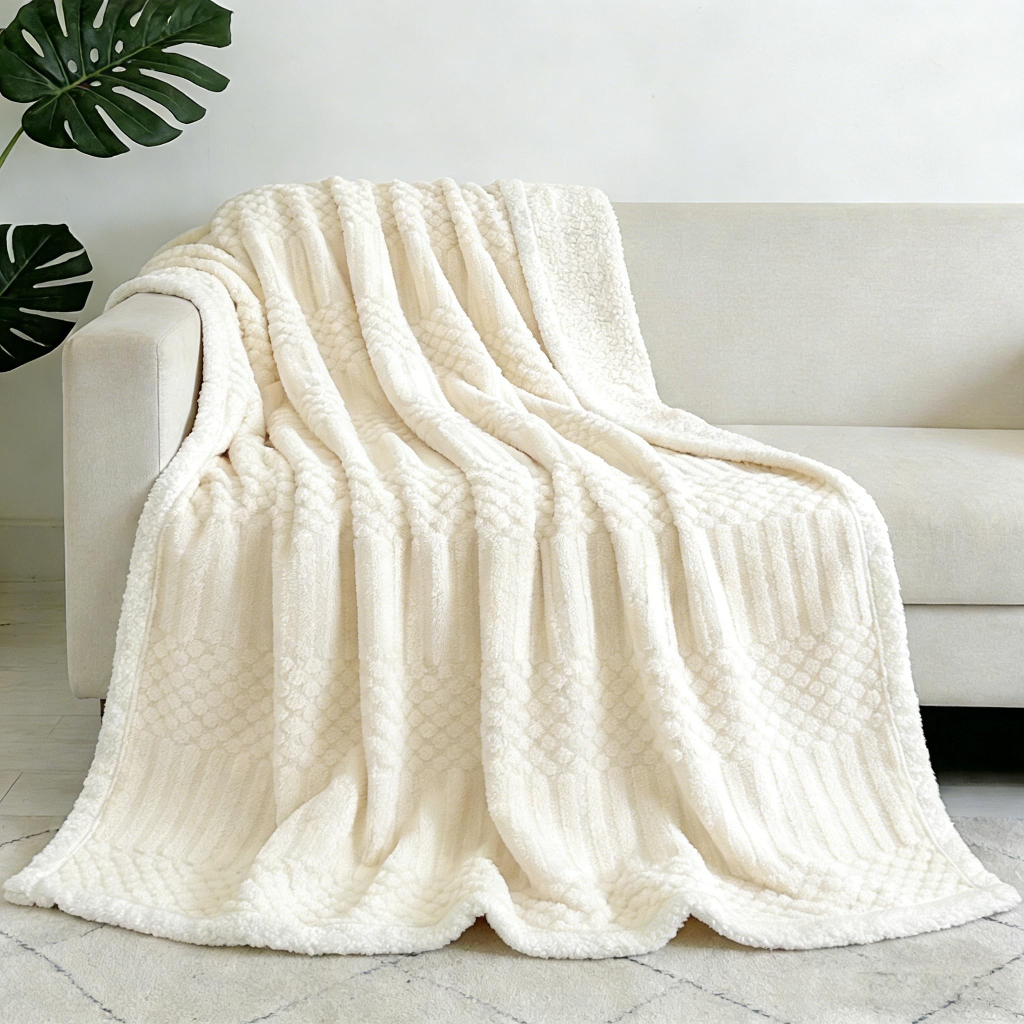 Cream White Sherpa Fleece Super Soft Blanket For Bed Cosy Warm Throw Double Size Blankets For Sofa, Couch, Armchair, 150X200cm,