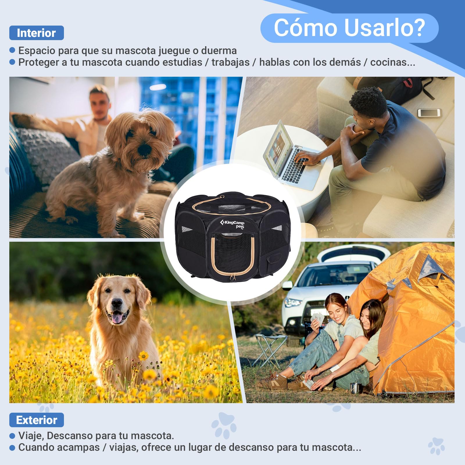 KingCamp Parque para Perros 91 x 91 x 58 cm, Parque Plegable para Mascotas con Ventanas de Malla, Portátil Parque para Gatos Cachorro Conejo Exterior Interior, Jaula Perros de Tela Oxford, Negro M