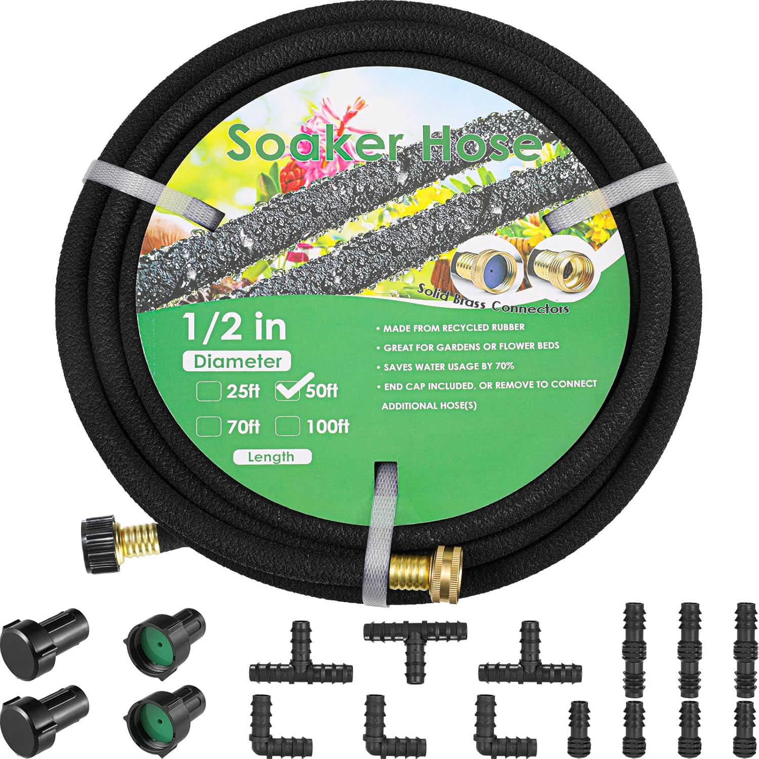 MAMIZO Soaker Hose Kit 50 ft 1/2", Solid Brass Connectors Rubber Longer Lasting, Heavy Duty Drip Hose to Save 70% Water, Soaker Hose for Garden, Lawn and Yard