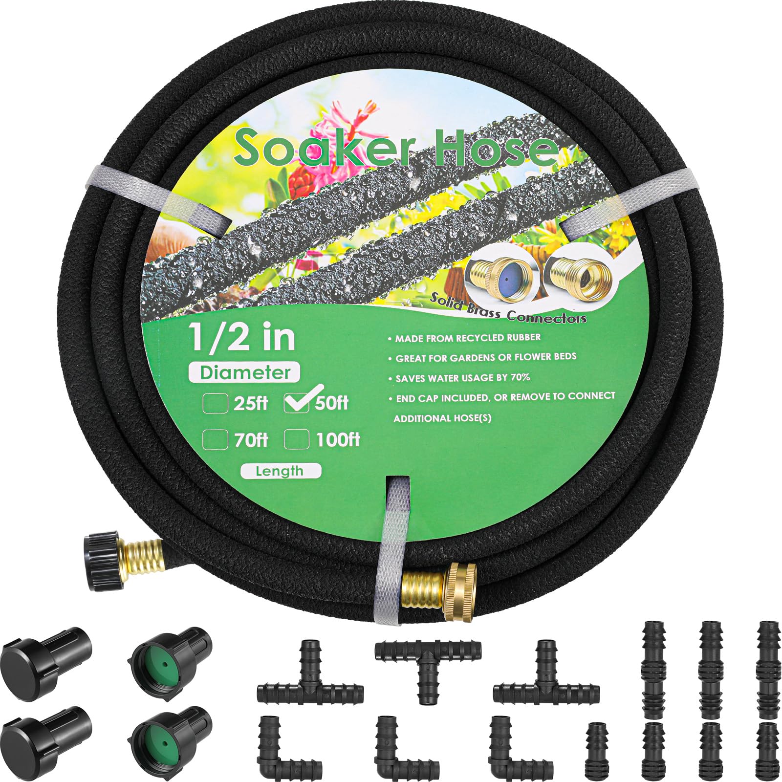 MAMIZO Soaker Hose Kit 50 ft 1/2", Solid Brass Connectors Rubber Longer Lasting, Heavy Duty Drip Hose to Save 70% Water, Soaker Hose for Garden, Lawn and Yard
