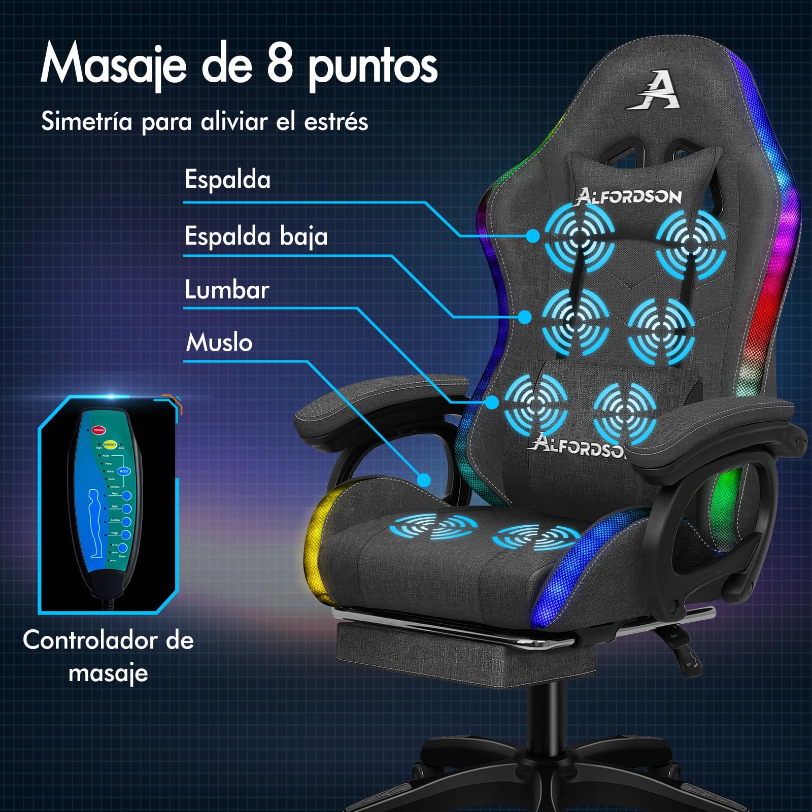 ALFORDSON Silla Gaming con Masaje y LED, Silla Gamer Ergonómica con Cojín Lumbar y Cervical, Reposapiés Telescópico, Iluminación para Ordenador, Videojuego, Juegos, Oficina, Lino(Gris Oscura)