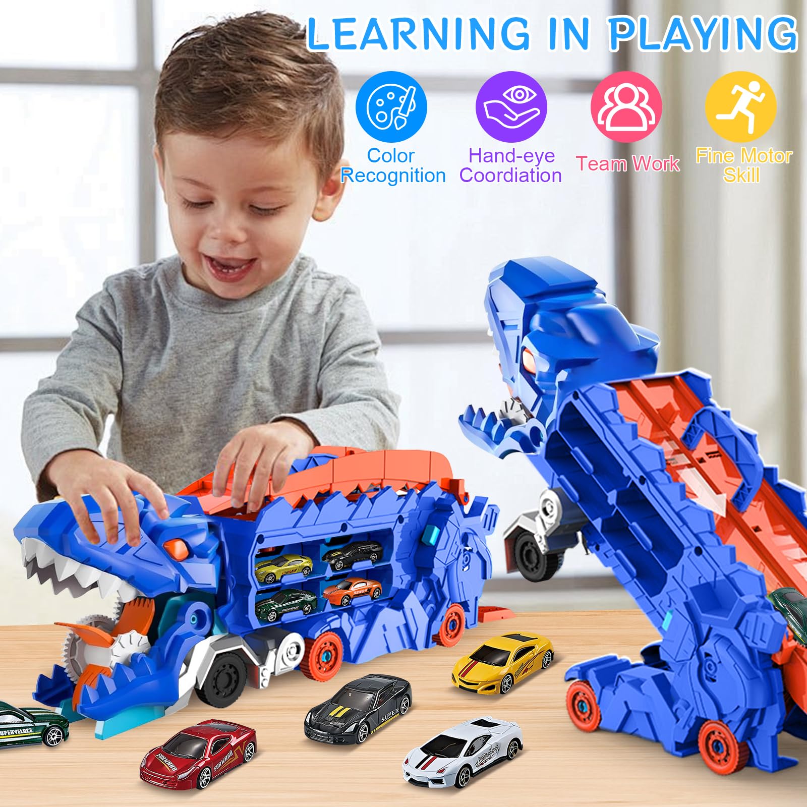 Juguetes para Camiones de Dinosaurios, Portátil Pista De Carreras Camión Juguete Coche con 8 Coches De Carreras, Camiones transportador de Juguete de 3, 4, 5, 6,7,8 años niño — view 5