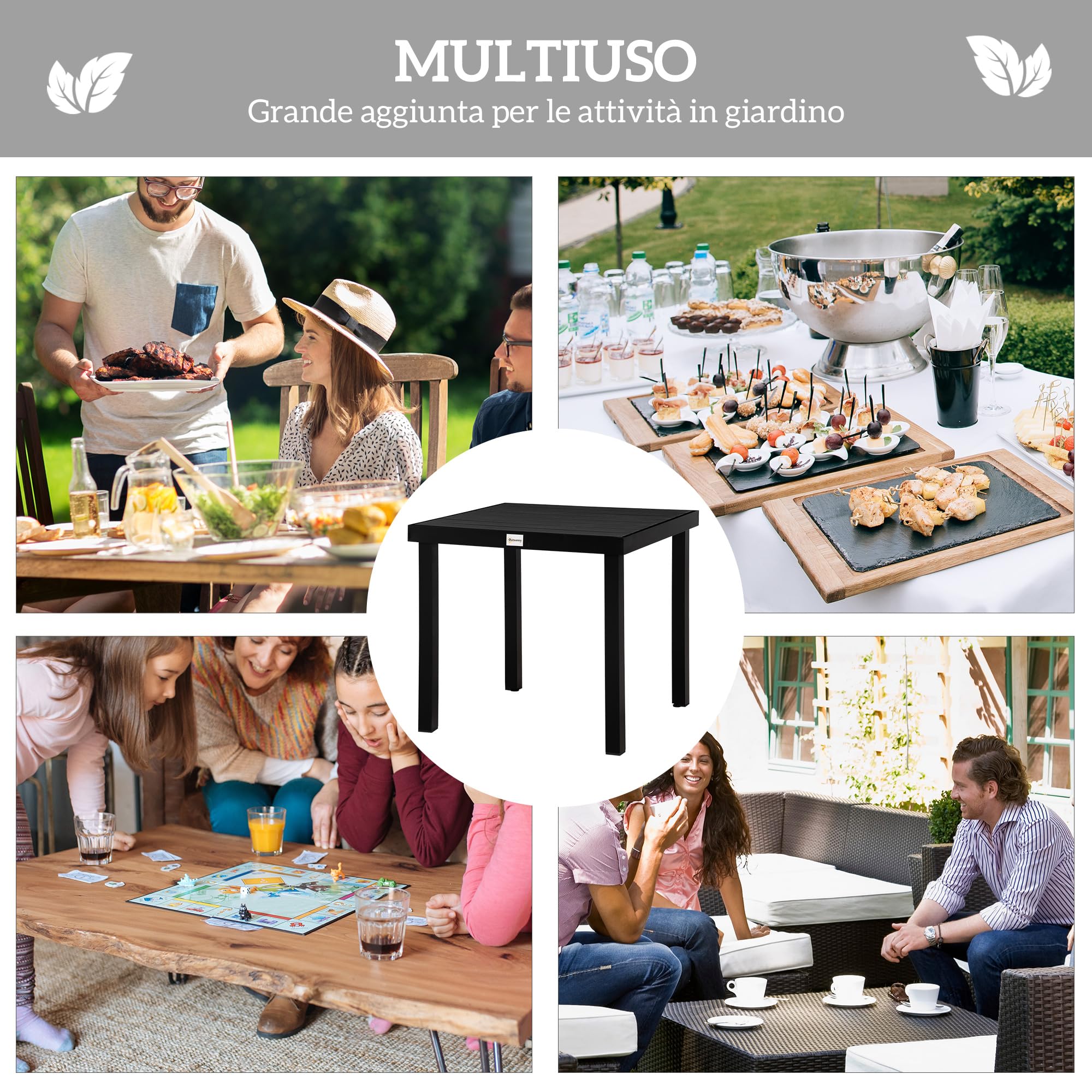 Outsunny Tavolo da Giardino con Piano Effetto Legno da 78x78 cm, Tavola da Pranzo per 4 Persone Quadrato in Alluminio e Plastica, Per Patio, Terrazzo, Balcone ed Esterno, Nero