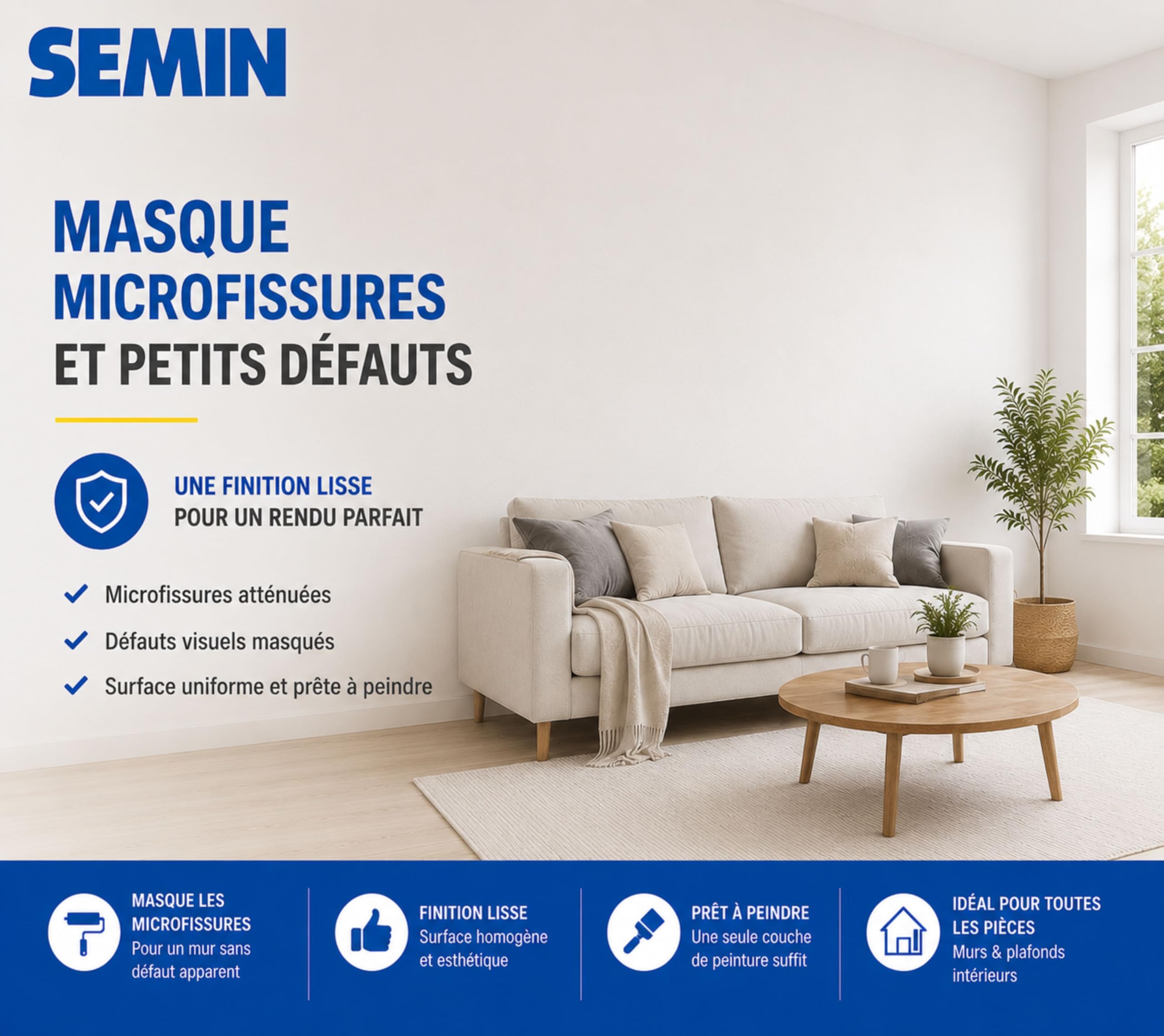 SEMIN Sem-Renov ECO – Revêtement Lisse de Rénovation à Peindre 25 x 1 m – Toile Murale pour Murs et Plafonds – Masque Défauts et Microfissures – Pose Facile – 150 g/m²