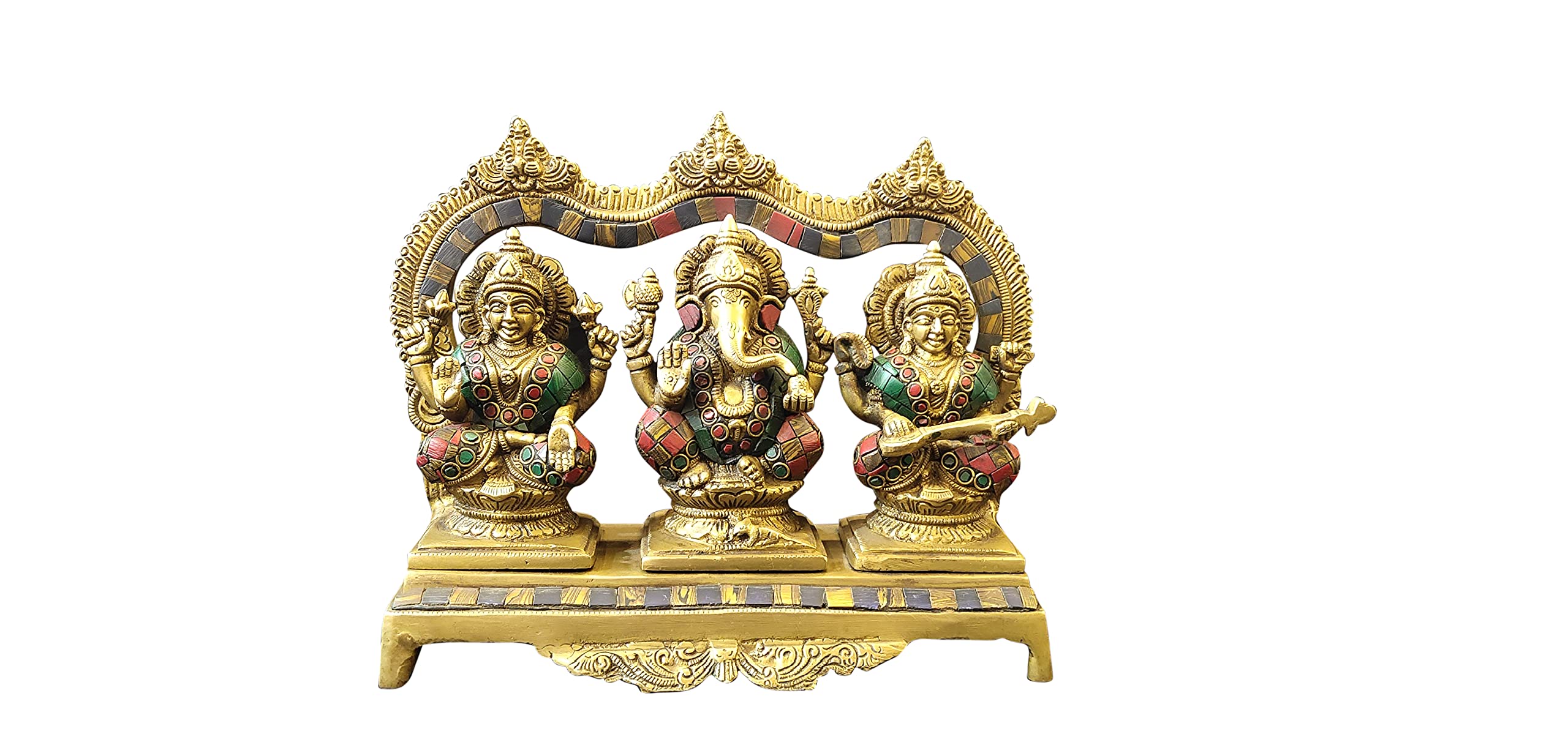 PEETALPEEPAL Lakshmi Ganesh Saraswati (with colour stones), Solid Brass Sculpture Artifact, Brass Finish, Handicraft