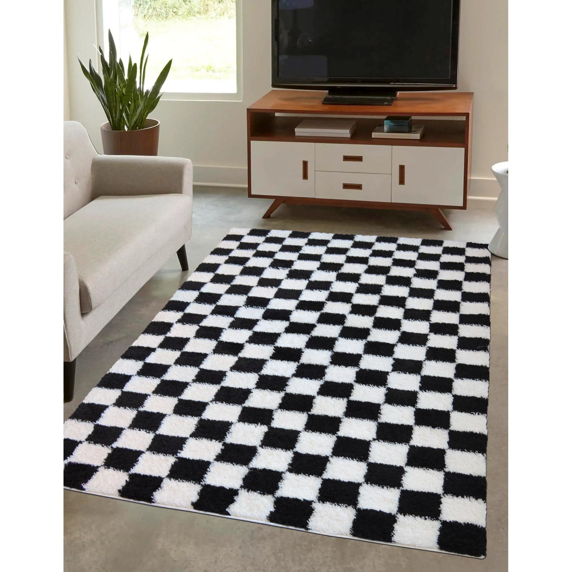 Modern Style RugsSnuggly Shaggy Indoor Rug. Cosy Checkered Mono Rug Suitable for Livingroom, Bedroom, Hallway and Lounge Area Rug. (160x230cm)