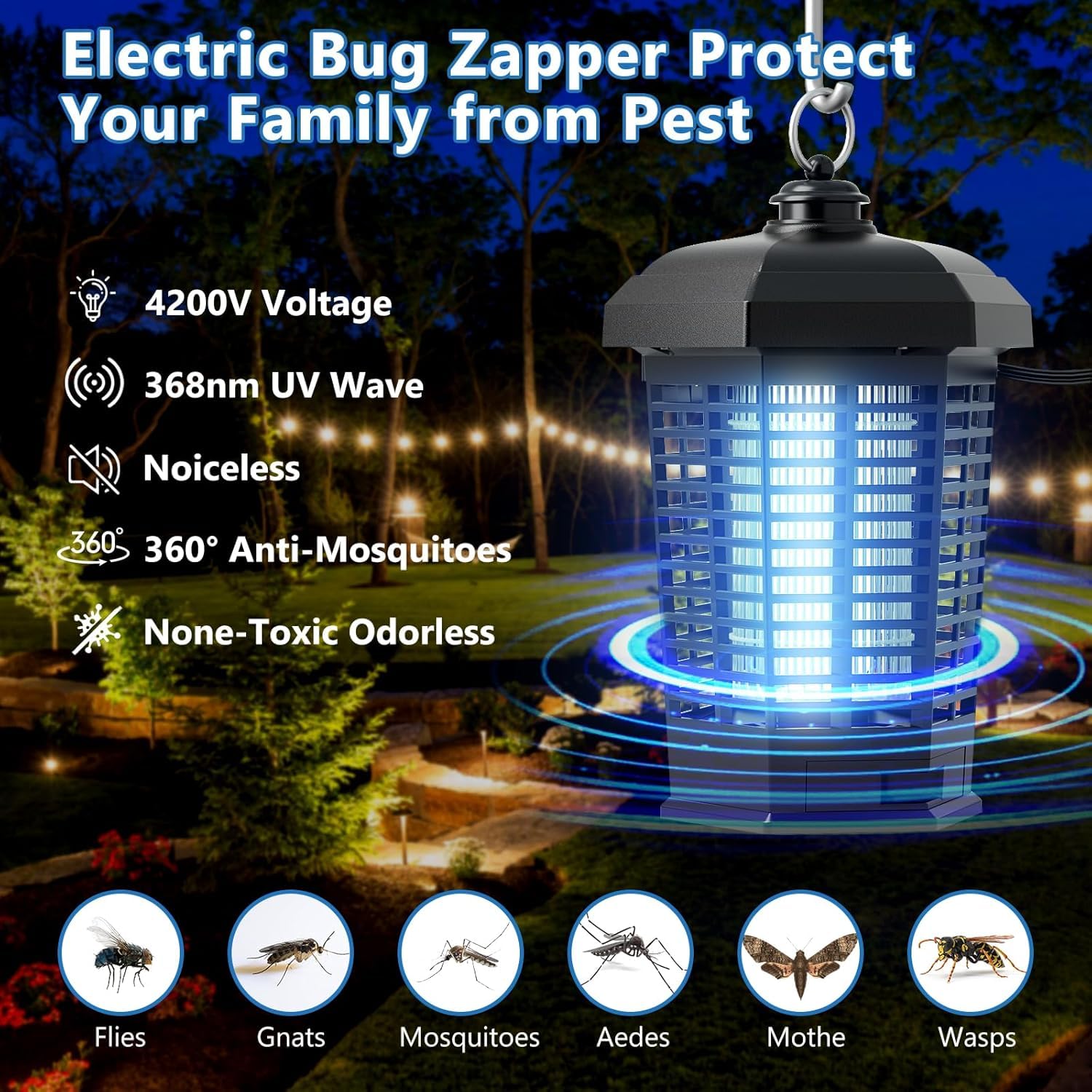 Wiederaufladbarer Insektenvernichter für drinnen und draußen, Mückenzapper, elektrischer Moskito-Zapper, Insektenvernichter, elektronischer Fliegenvernichter für Hinterhof, Terrasse, Garten