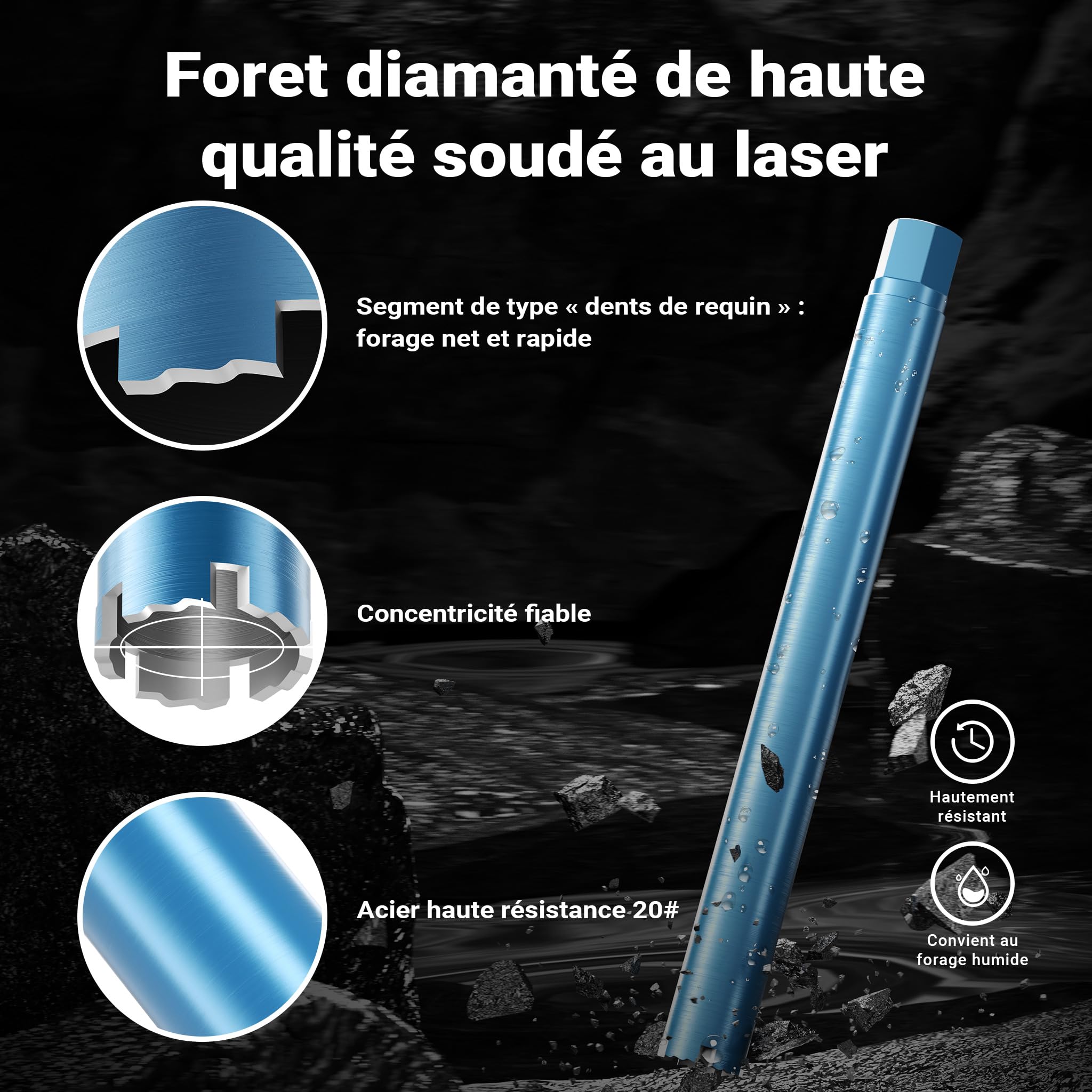 Wiltec Foret diamant pour Carotteuse Ø 52 mm – Rendement moyen – 1¼ UNC – Longueur 450 mm – Métal fritté – Forage à humide – Chantier Carrelage Béton – Trépan Couronne Diamant