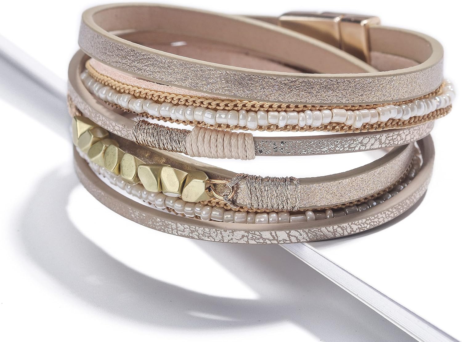 leather wrap bracelets for women, boho leopard multi-layer crystal cuff bracelet jewelry A),Seed d(Khaki),A