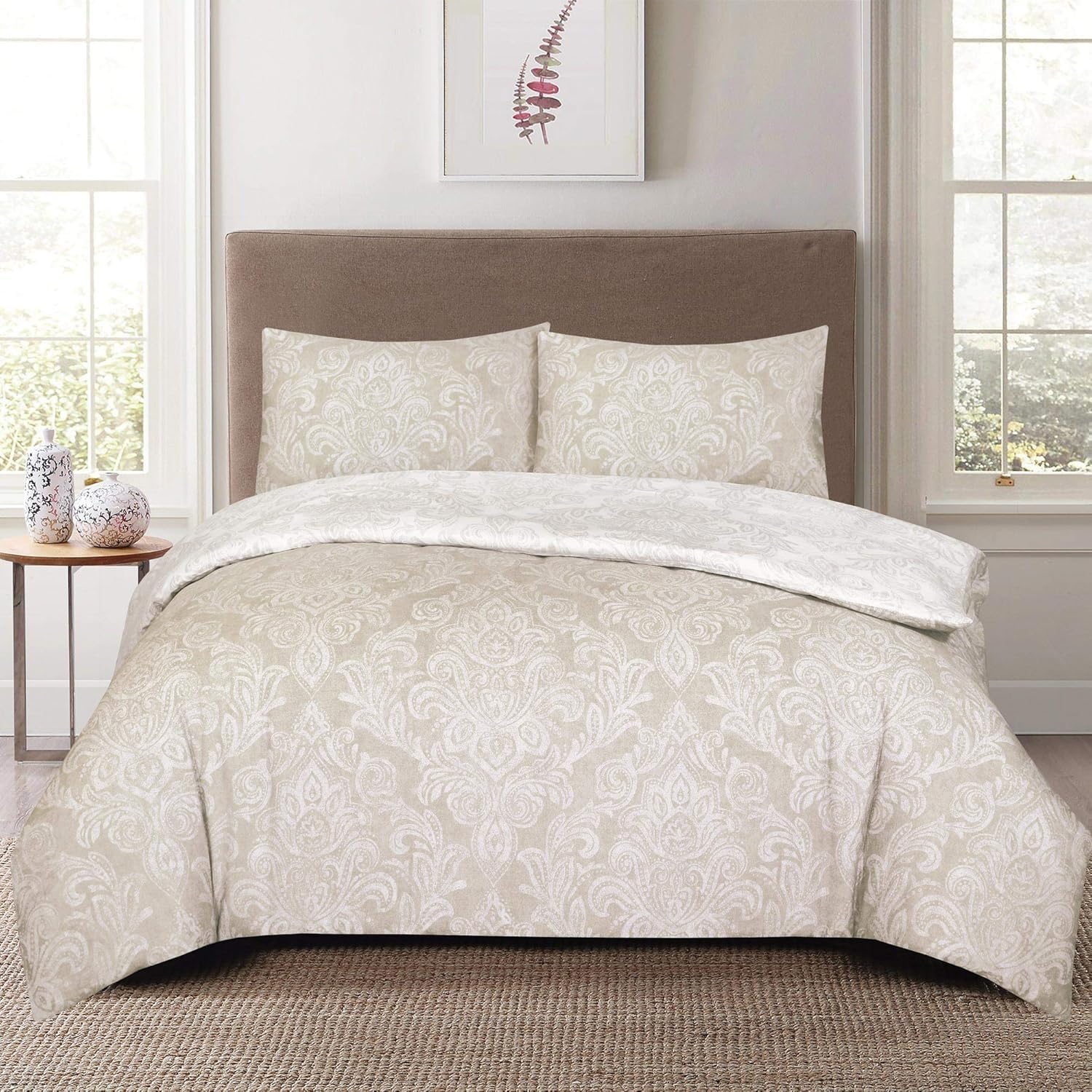 renoazul Microfiber Single Duvet Cover Set 3 Piece - Single Bedding Sets with Fitted Sheet, Pillow Case, Soft Duvet Cover Single Bedding Set - Single 3 Piece, Damask Beige โ image 1
