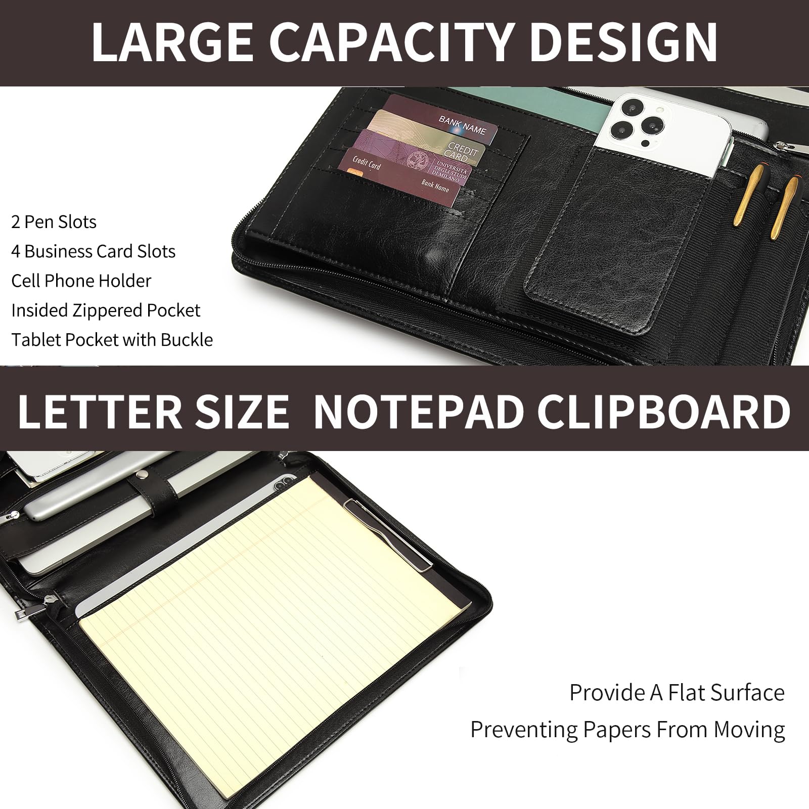Portfolio in pelle vegana con portablocco, organizer con cerniera e 4 scomparti per biglietti da visita, 2 portapenne, tasca per tablet da 13,3", per donne e uomini, nero
