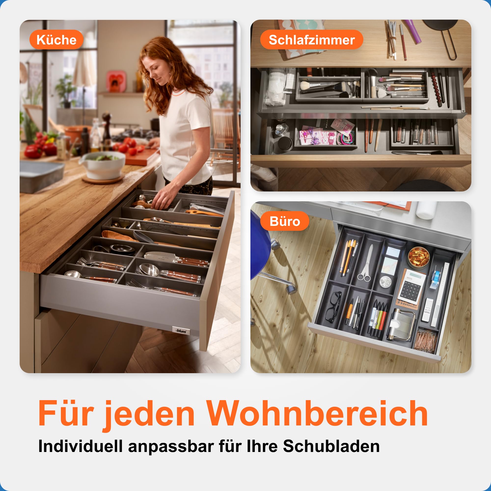 Blum AMBIA-LINE Besteckkasten mit Soft-Touch | Premium Schubladen-Organizer für moderne Küchenschublade & Schrank | schützt, sortiert & ordnet Besteck und Küchenhelfer | 47,5×30×5 cm | Grau/Weiß